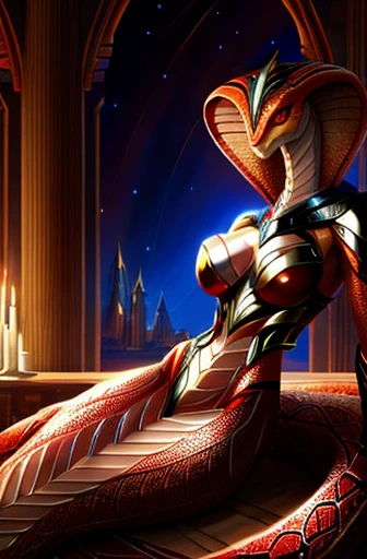 cobra, whole body, female, leg, legless большой бюст, sexual, Fluffy body, detailed scales, scarlet scales,dressed, Viperarmor, (slit pupils), big breasts, spectacular pose, seductive look, fantasy art style, sparkling eyes, Twisted tail, a high resolution, masterful blows, Complex patterns