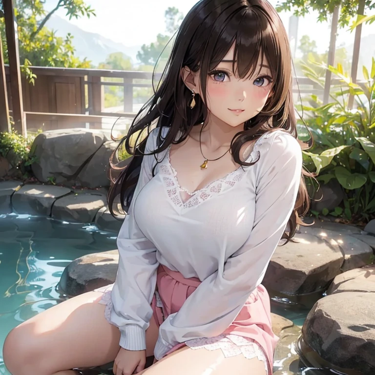 (masutepiece: 1.3), (max resolution: 1.2), (Ultra HDTV: 1.2), cinematric light, Ultra HDTV, (Detailed eyes and skin), (detailed facial features), nffsw, 8K resolution, Sharp Focus: 1.2, Perfect Style, Beautiful face, Perfect body, acurate, Anatomically correct, Highly detailed face and skin texture, Detailed eyes, Dark-blue eyes, Double eyelids, Thin eyebrows, Glitter Eyeliner: 1.2, Natural cheeks, Glossy skin, Fair skin: 1.2, shiny little necklace and earrings, (Glossy lips: 1.4), BREAK, One-person viewpoint, (She is a very cute female teacher), (Pink lace panties), (Seductive smile: 1.2), ((a Innocent and cute girl:1.3)), (Long Wave Hair), (ligh brown hair:1.2),  (Cowboy Shot: 1.2), BREAK, ((Very intimate relationships: 1.2)), medium large breasts, ((Looking at Viewer:1.2)), ((Hot spring trip:1.2)), ((Bend your knees and open your legs wide:1.2)), (From Side:1.2),low  angle shot,FULL BODYSHOT　Tight sweater with long sleeves in bright colors　Tight denim mini skirt　Embarrassed look　Kamimei. 1 Girl, Facing forward. Blushing