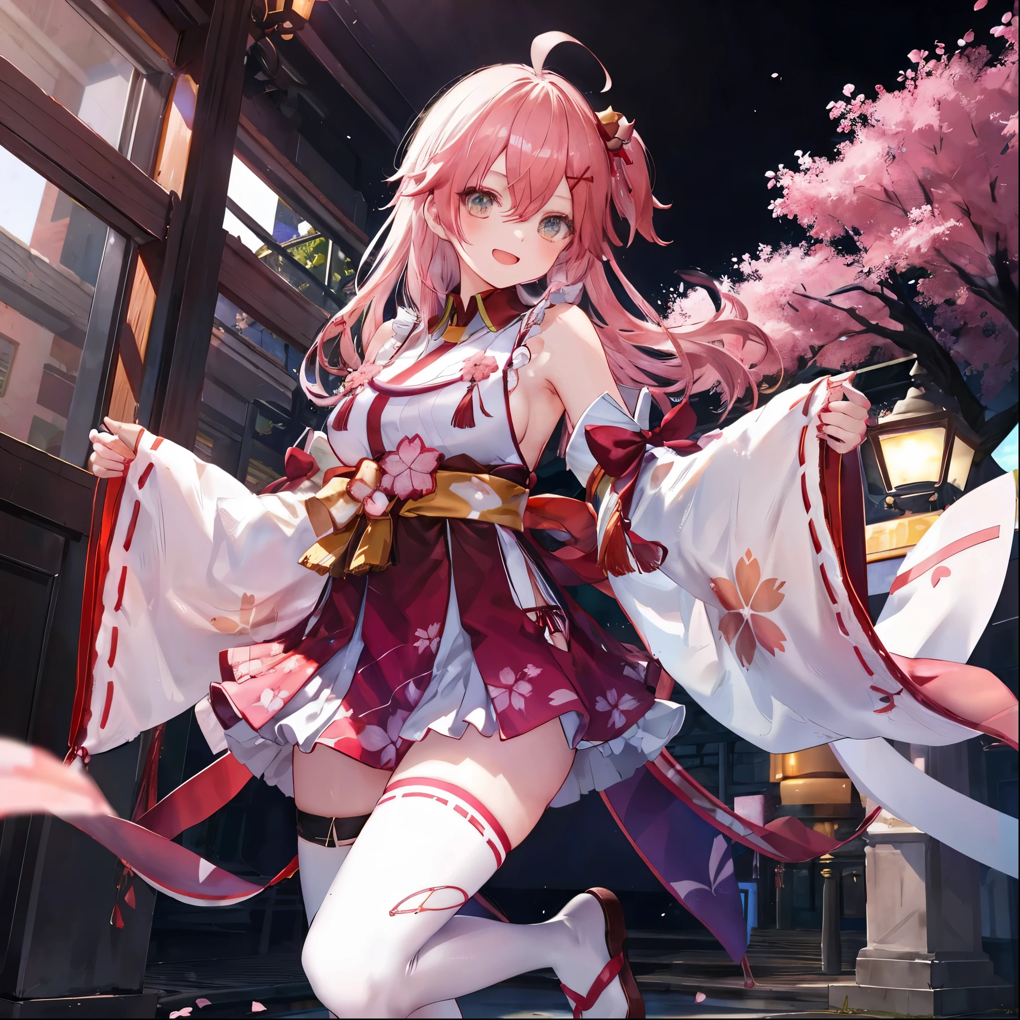 masterpiece, best quality, highres, miko1, sakura_miko, 1girl, big_boobs, solo, ahoge, x_hair_ornament, pink_hair, floral print, hairclip,(side_less_clothes:1.5), (side_boobs:1.5), hair_bell, floral print, long_hair, hair between eyes, one side up, white thighhighs, asymmetrical legwear, wide sleeves, open_mouth,(happy:1.3),gleen_eyes,big_smile,(rise_leg:1.3),plump,apart_legs,(overly_long_sleeves:1.3),),sleeves_past_wrists,hands_hidden_sleeves,sidelock_clothes,dynamic_posing,solo,hidden_wrists,(XD:1.4),covered_nipples,sunlight,cherryblossom_background,