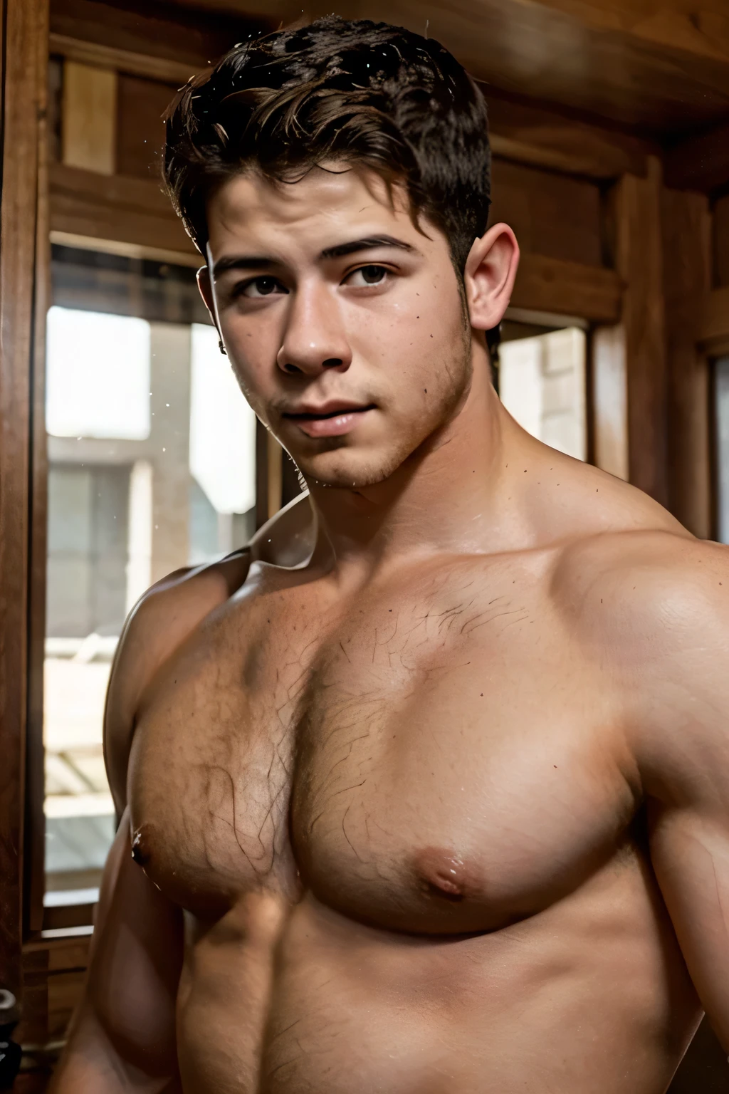 nick jonas shirtless flexing with a hairy chest