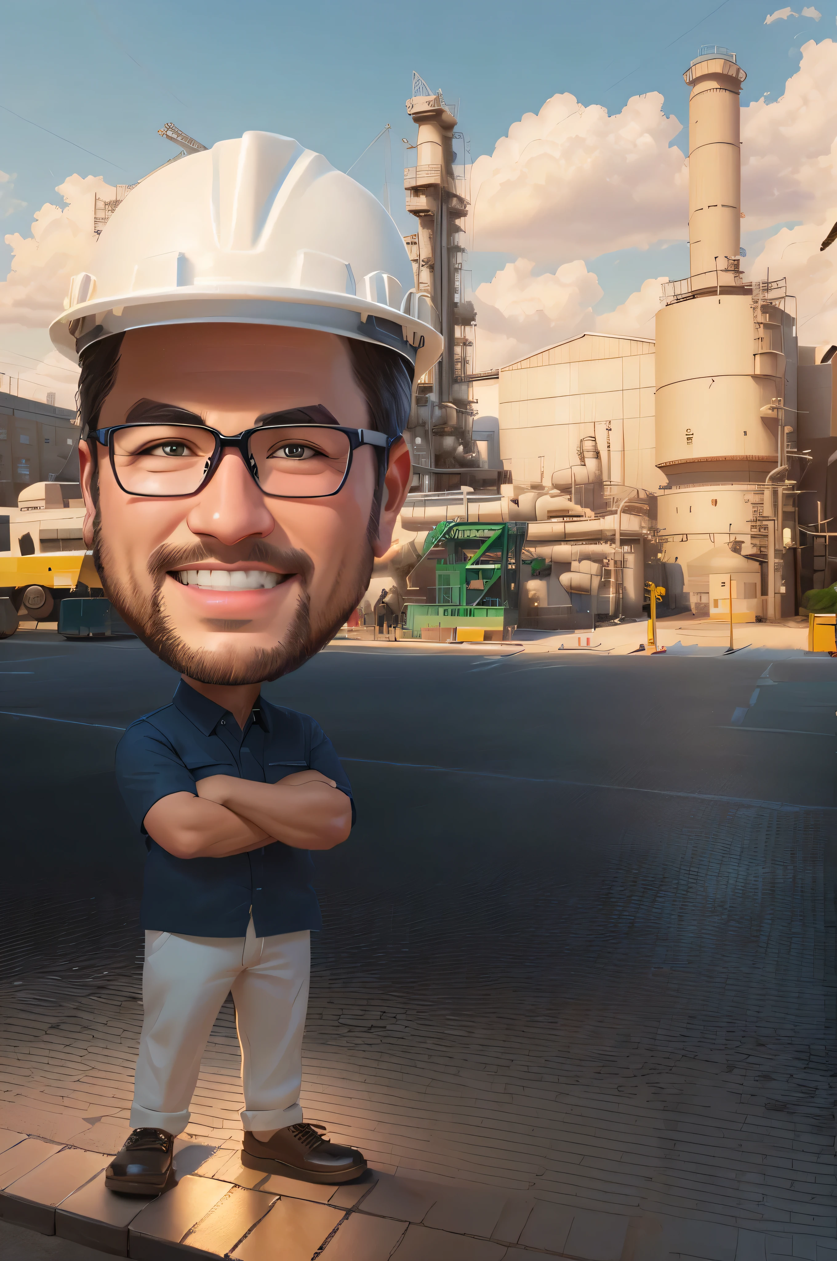 arafed man in a hard hat and glasses standing on a brick sidewalk, Wearing a navy blue short-sleeved shirt and cream trousers and black shoes, Backgrounds chemical fertilizer factory, caricature illustration, cartoon portrait, in cartoon style, caricature style, cg artist, proffesional illustration, professional illustration, potrait, cartoon digital painting, for hire 3d artist, portrait picture, 3 d artist, big head, high quality portrait, engineer, cartoon digital art