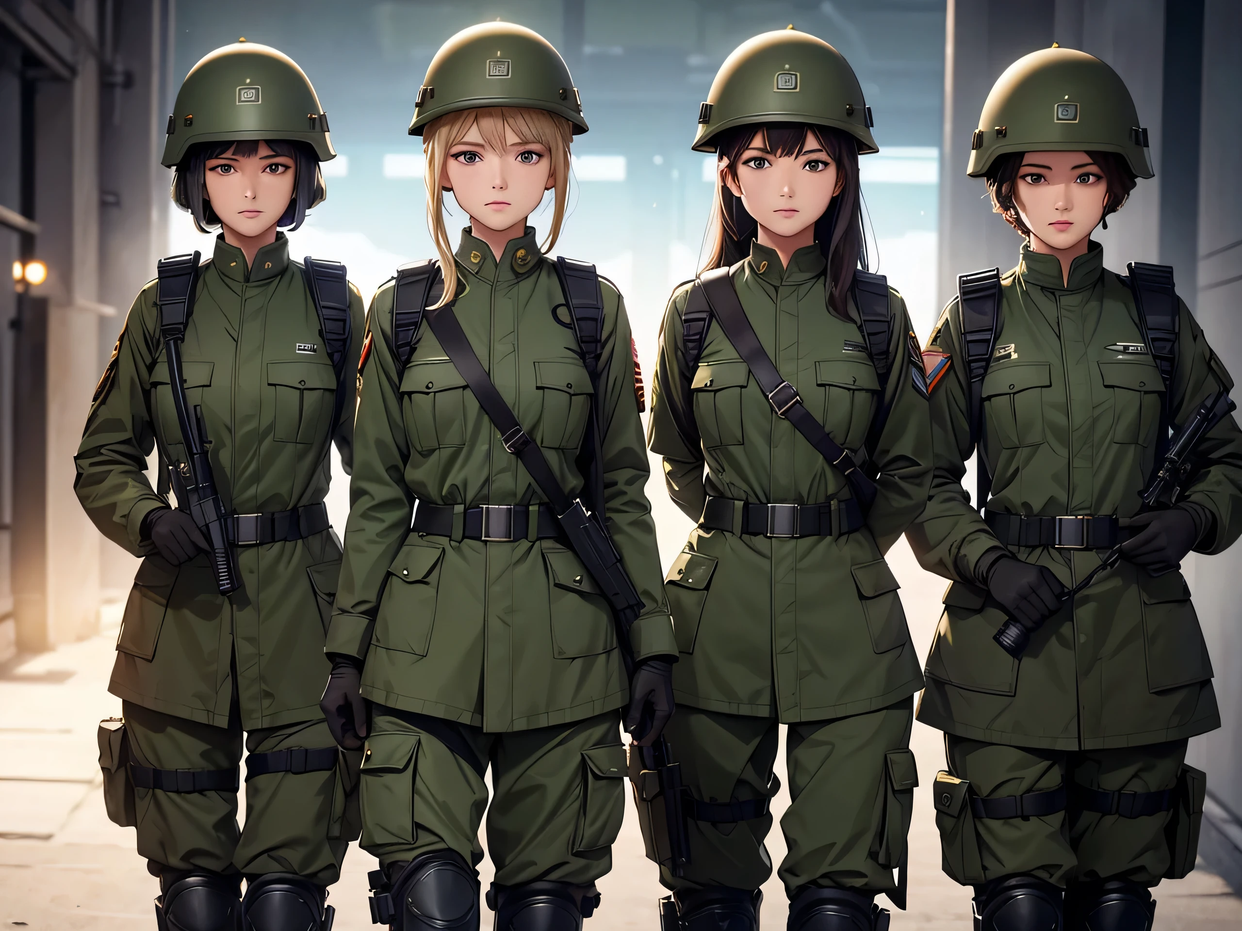 Four female soldiers in helmets standing at attention,Wear dark green M51 jacket uniform、The same posture、military trousers、Shoulder Straps、Knee pads、Tactical Holster、Military base entrance,Write details、masterpiece、best quality、Highly detailed CG、8K picture quality、theater lighting、lens flare