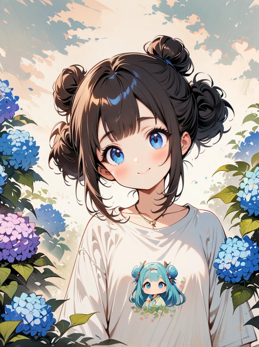 hydrangea(masterpiece, best quality:1.2), cartoonish character design，1 girl, alone，big eyes，Cute expression，Two hair buns，Floral shirt，interesting，interesting，clean lines