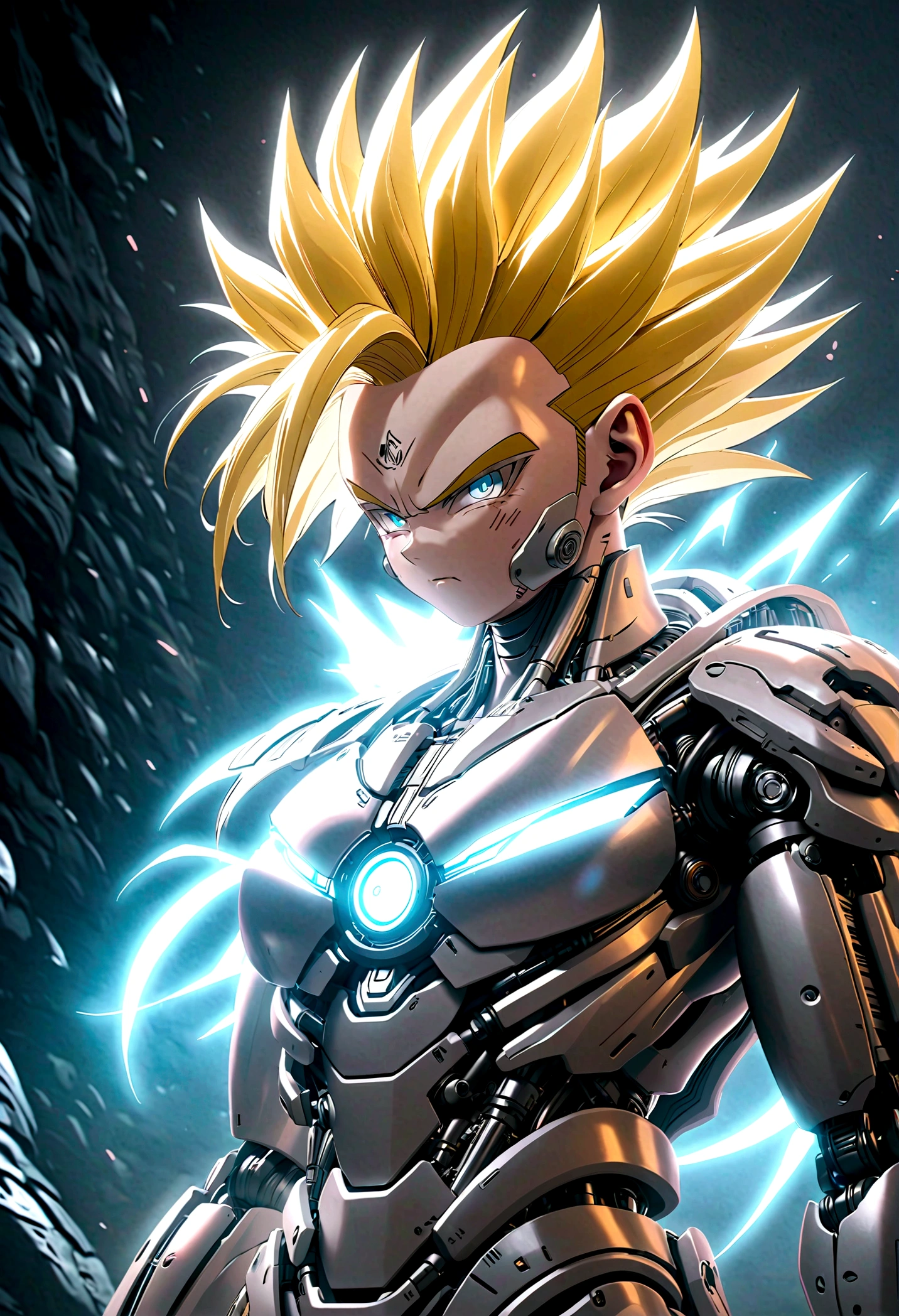 a super saiyan cyborg, highly detailed, hyperrealistic, cinematic lighting, dramatic, gritty, moody, neon lights, glowing energy aura, intense expression, mechanical parts, cyberpunk style, advanced technology, futuristic, volumetric fog, dynamic pose, 8k, photorealistic, unreal engine, concept art style