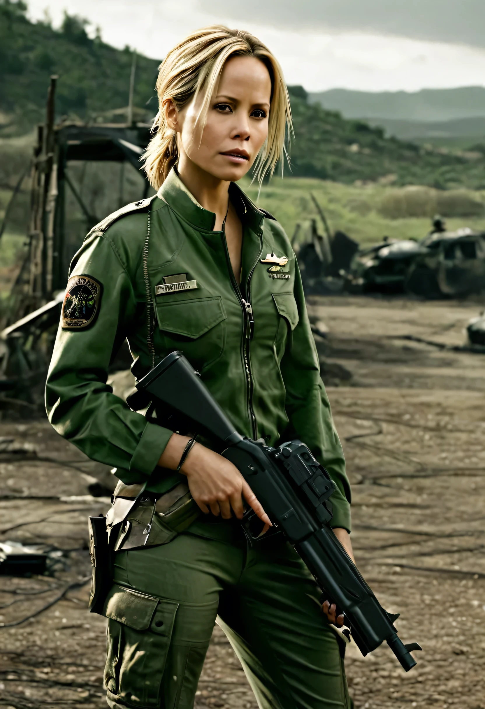 Foto hiperrealista en primer plano de 20 years old Maria Bello,, masterpiece, best quality, (photorealistic:1.4), full body, green army jacket, green uniform blouse, green tactical pants,  Depict a rural landscape in the rugged style of the game's concept art. This work should evoke a sense of abandonment and despair in a futuristic, post-apocalyptic world. Notice the intricacies of detail, the sharp focus. cinematic light, beautiful woman, skinny, small breasts, straight blond  hair, detailed face, photo taken from a distance,  she holds a Glock 17 pistol in her hand, sshe walks away, her butt is visible 