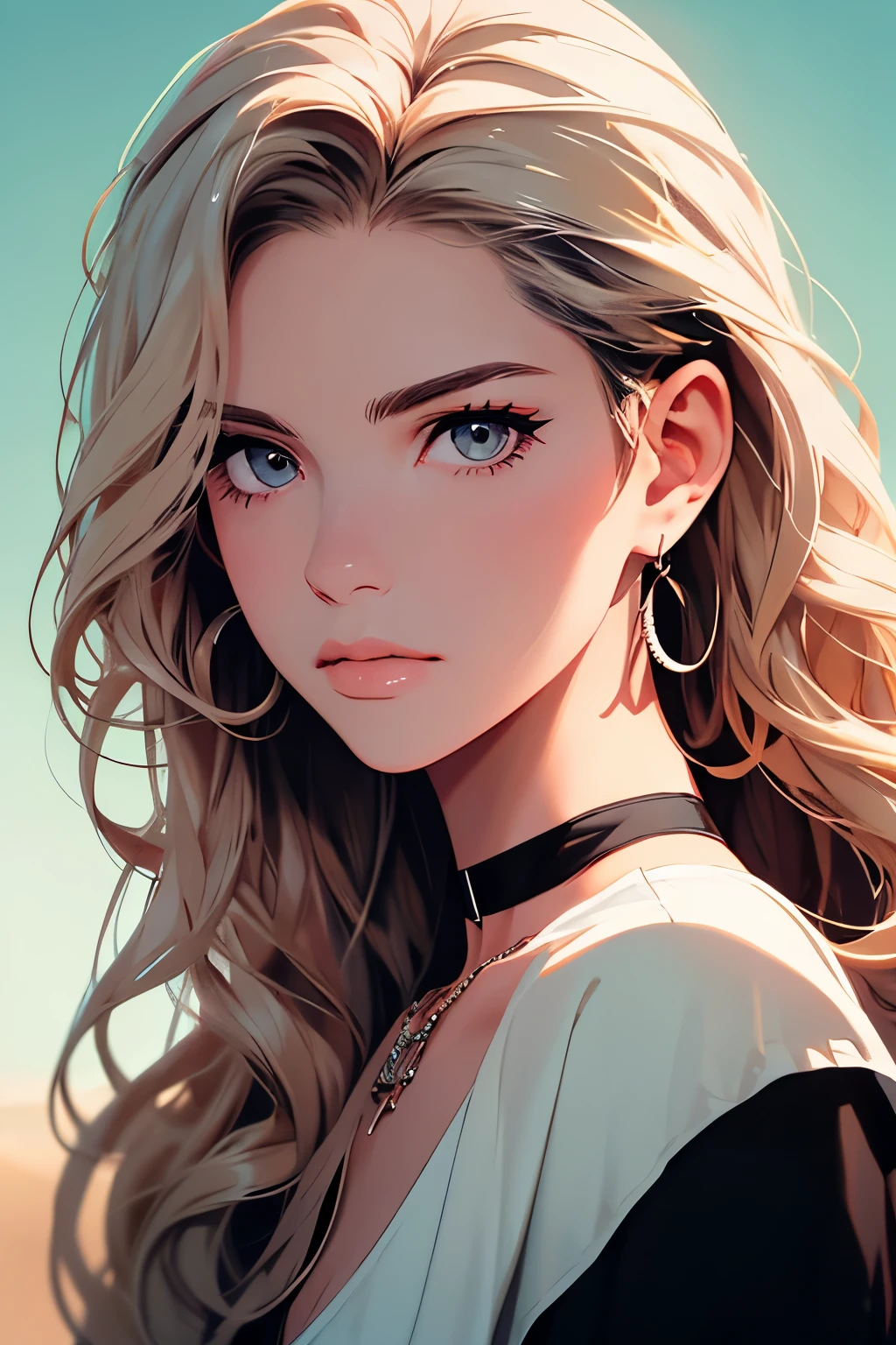 2d illustration, anime, a painting portrait in fine arts, in manhwa style, Bishamon from noragami, 1girl, blond long hair, big hair, curly hair, purple eyes, makeup, beautiful, high definition, masterpiece, best quality, high detail, high detailed eyes, grain filter, Detailed lips, high resolution, ultra-detalhado, retrato, mulher caucasiana, realista proportions, Anatomicamente preciso, bochechas rosadas; dark lighting, alta qualidade, premiado, high resolution, 8k,, summer, lascivo, film grain, Ilford HP5, 80mm, strong soman, confident, matching necklace (choker) and earrings, rindo, divertida, olhar penetrante, de frene para a camera, Braided hair, ((very long hair)), big hair, ((curly hair))
