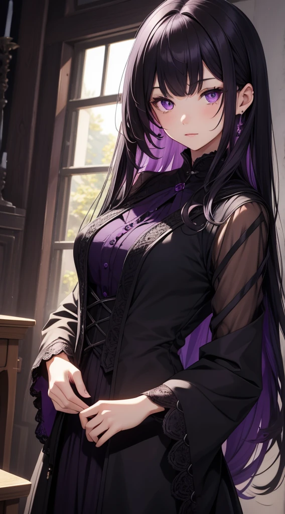 young girl, long dark purple or black hair, violet eyes, Black Rich Closed Clothing, Masterpiece, hiquality, high detail, HD, 4k