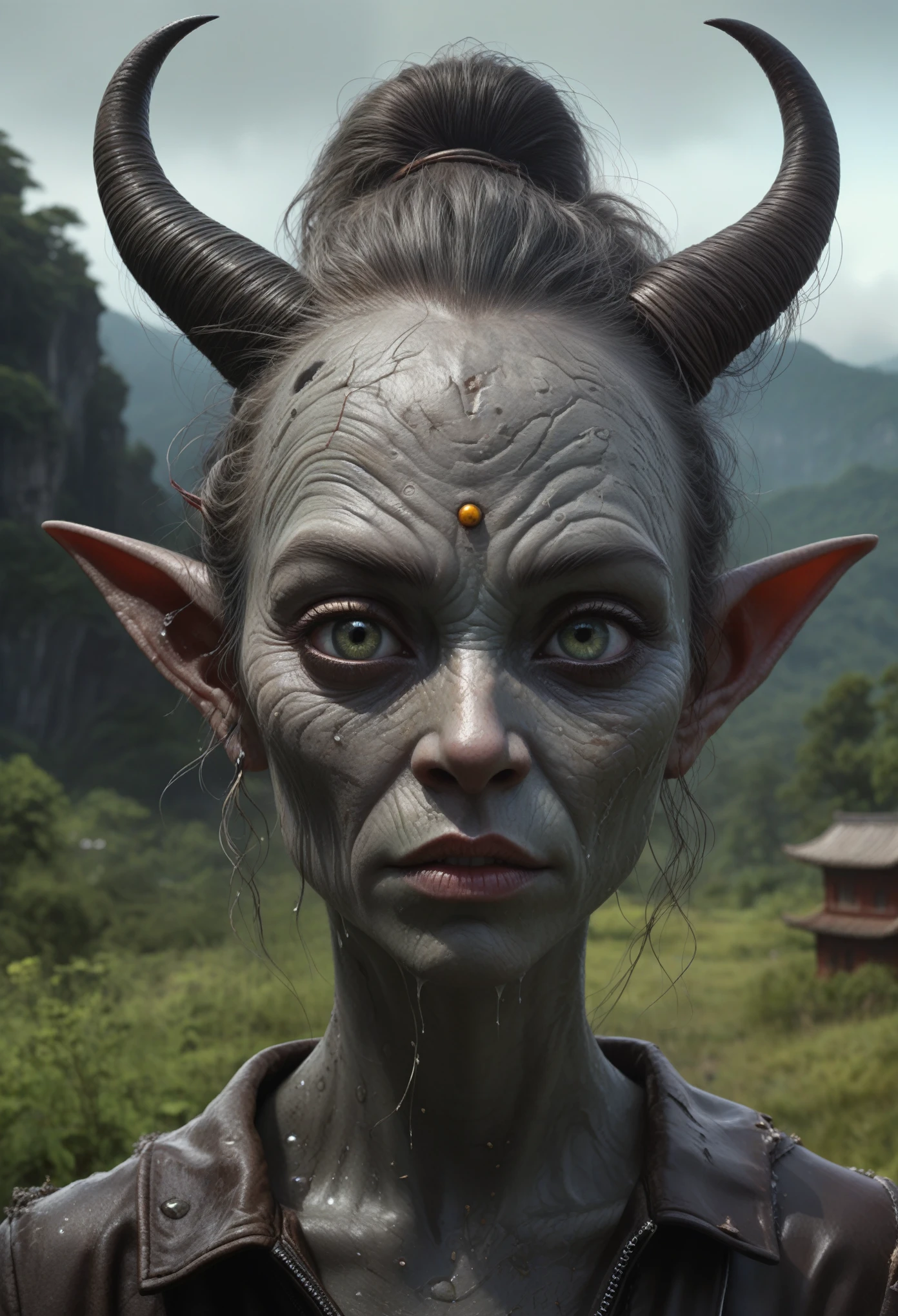 full-body-shot,Very tall , who can't fly,Cinematic, Technicolor,natural skin textures, hyper realisitc, hyper detailed,Extremely detailed,High contrast,Realistic,Chalsedoon goblin, back view,full body length,evil ghost,Krampus,pretty face,intricate details,realistic humid skin,extremely intricate details,anatomically correct, eyes extremely detailed, high detailed eyes,High contrast,Ultra HD,Retina,HDR,photo,photorealism,Masterpiece, natural skin textures, hyper realism,hyper detailed,High contrast,(HDR:1.4),Realism,Ultra Detailed,irina yermolova, close full body shot,16K resolution,RAW, Nikon Z9,Paul Zizka,full body length,niobium goblin,native irish,pretty face,eyebrow up,full body shot,ominous landscape,niobium gray atmosphere,by art Simon Stalenhag,Nicola Samori,(((Wangechi Mutu))),prime colors,urban,extremely detailed,masterpiece,intricate details,faded,eyes extremely detailed, high detailed eyes,4k resolution,islands levitating above ground, Nikon Z9,scary village,stalker,Stone Forest in Yunnan Province of China