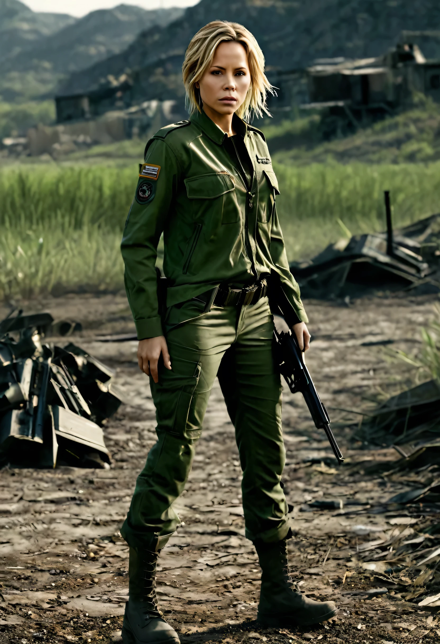 Foto hiperrealista en primer plano de 20 years old Maria Bello,, masterpiece, best quality, (photorealistic:1.4), full body, green army jacket, green uniform blouse, green tactical pants, Depict a rural landscape in the rugged style of the game's concept art. This work should evoke a sense of abandonment and despair in a futuristic, post-apocalyptic world. Notice the intricacies of detail, the sharp focus. cinematic light, beautiful woman, skinny, small breasts, straight blond hair, detailed face, photo taken from a distance, she holds a Glock 17 pistol in her hand, sshe walks away, her butt is visible