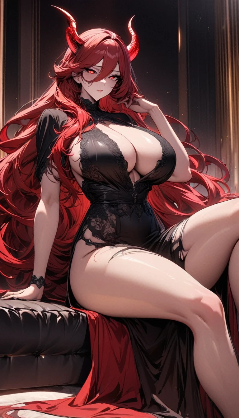 Masterpiece, very detailed, ultra detailed, one, (1 woman), she is in a black detailed dress with glowing red details and in an elegant position, super mature, tall, milf style, mature mother, super long hair, bright blood red hair, super red hair and hair on the sides, red demonic horns, beautiful, charming, bright blood-red reptile eyes, reptile eyes, super red eyes, bright eyes, elegant, athletic physique, big breasts (huge, torn), neutral face, charming, bright background, serious environment, she sits in the workplace in a luxurious office against the background of a luxurious environment.
