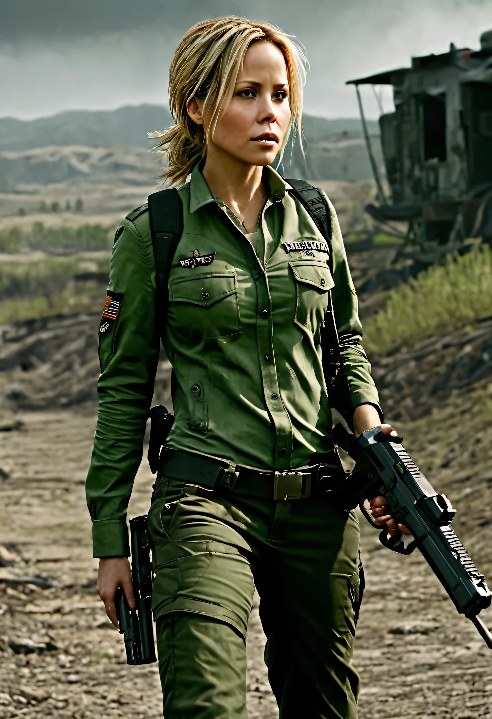 Foto hiperrealista en primer plano de 20 years old Maria Bello,, masterpiece, best quality, (photorealistic:1.4), full body, green army jacket, green uniform blouse, green tactical pants,  Depict a rural landscape in the rugged style of the game's concept art. This work should evoke a sense of abandonment and despair in a futuristic, post-apocalyptic world. Notice the intricacies of detail, the sharp focus. cinematic light, beautiful woman, skinny, small breasts, straight blond  hair, detailed face, photo taken from a distance,  she holds a Glock 17 pistol in her hand, sshe walks away, her butt is visible 