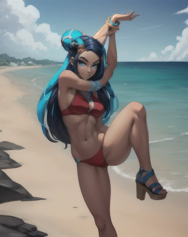 masterpiece, best quality, highly detailed, (Detailed face:1.2), (Detailed eyes:1.2), 1girl, solo, (nessa_pokemon:1.3), dark-skinned female, dark skin, blue eyes, aqua eyes, long hair, black hair, blue hair, aqua hair, multicolored hair, two-tone hair, hair bun, single hair bun, eyeshadow, slim feminine figure, arrogant smile, medium breasts, red bikini, sandals, , Hand lifting one leg, Detailed legs, flexible, (Standing on one leg:1.2), (standing split:1.3), Hand lifting one leg, stretching, posing, cowboy shot, cinematic composition, (Background: outdoors, day time, beach town, view of the ocean)
