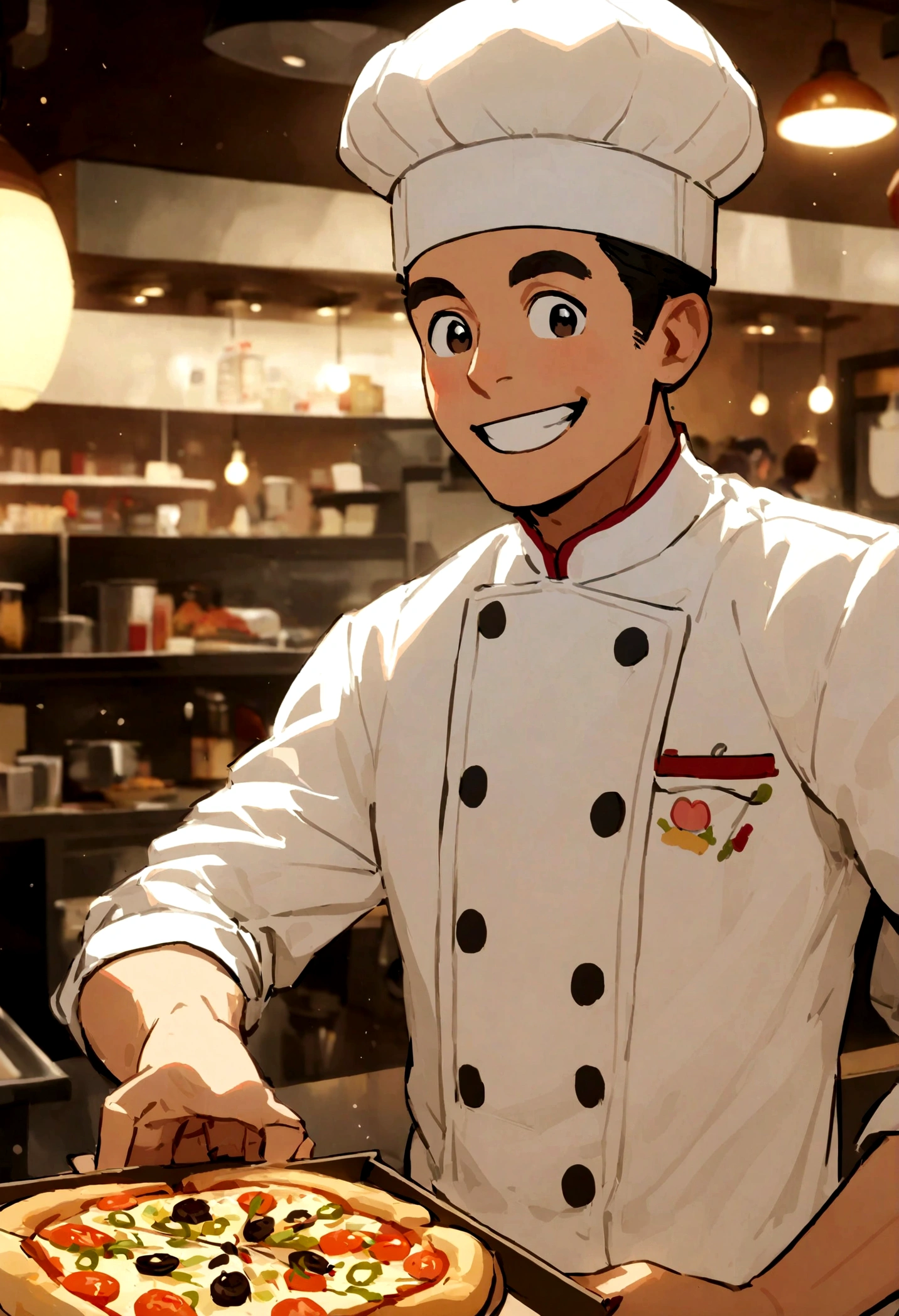 Character inspired by Disney Pixar of a black pizza maker with a white cap, Camisa do Chef, Is smiling, Holding a pizza in hand inside a restaurant
