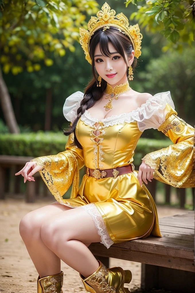 nsfw, sexy golden Thai princess, only 1 female, ((doll-like appearance)), short fuchsia stylish hair, ((shiny Victorian-Style boots)), (big smile), ultra detailed eyes, vivid golden eye makeup, lip-gloss, long lashes, defined eyebrows, ((sexy golden Paradise Kiss cosplay)), bell-shaped skirt, petticoats, high neckline, puffed sleeves, ((ultra detailed golden lace)), ((ultra detailed golden embroidery)), intricate details, golden Paradise Kiss accessoires and matching golden headpiece, golden choker, ((large sparkling golden Paradise Kiss jewelry)), cinematic light, detailed large park background with trees