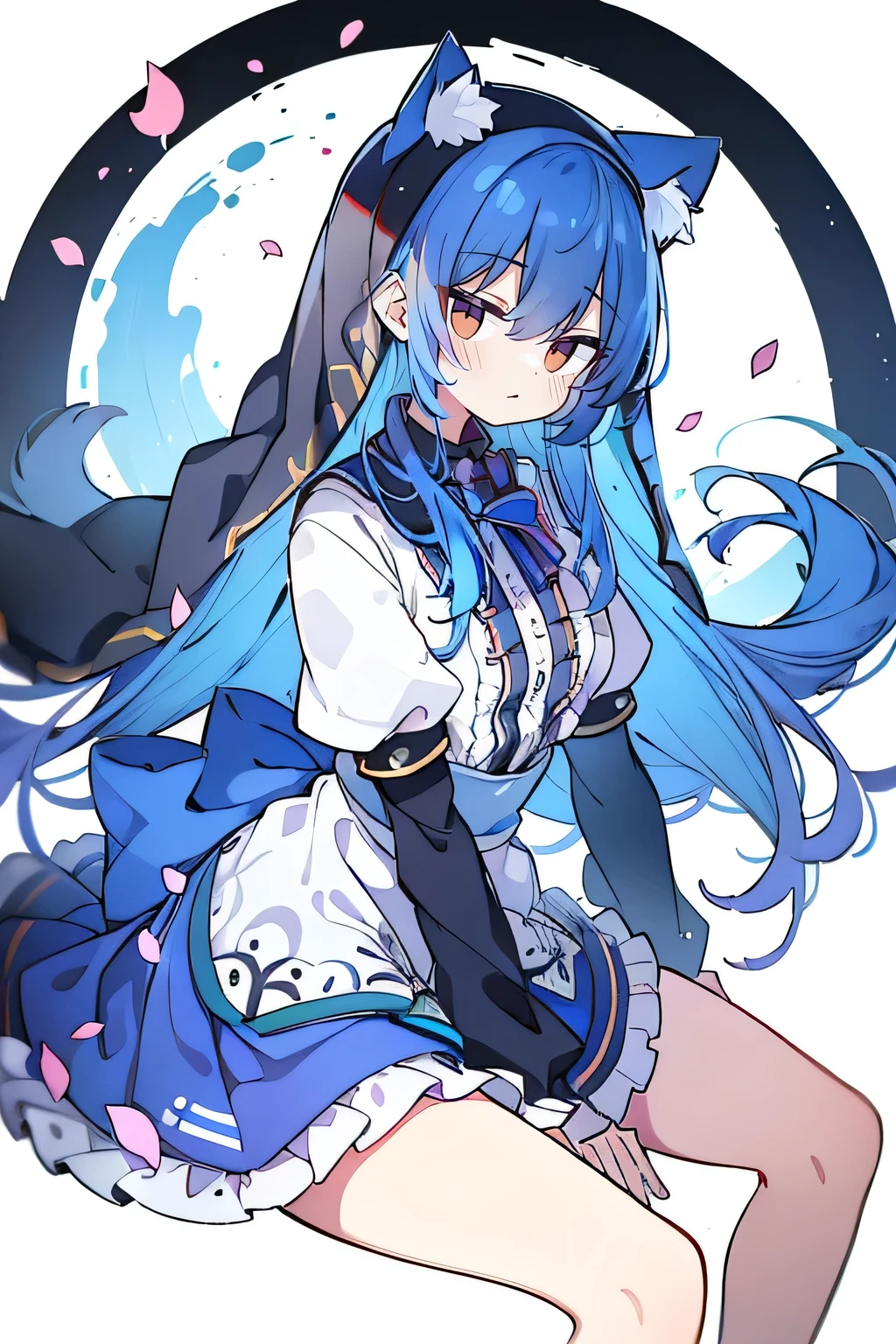 (masterpiece:1.2),Extremely detailed,Practical,expressive eyes,Fair skin,Perfect face shaping,1 Girl,
Japanese cartoons,Gorgeous blue hair, the long flowing blue hair,Floating clothes,Cat ears,Petals fall,beautiful lola,Angel,
Place your hands on your waist,sit elegantly on the ground,Cross your legs,Gentle and peaceful background,stately church,nun.