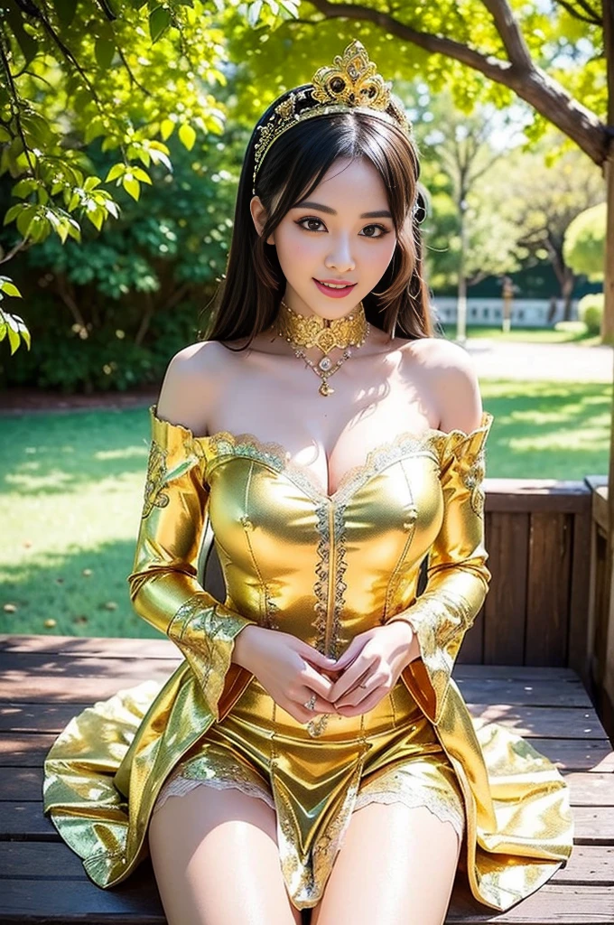 (nsfw), sexy golden Thai princess, only 1 female, ((doll-like appearance)), short fuchsia stylish hair, ((shiny Victorian-Style boots)), (big smile), ultra detailed eyes, vivid golden eye makeup, lipgloss, long lashes, defined eyebrows, ((sexy golden Paradise Kiss cosplay)), bell-shaped skirt, petticoats, high neckline, puffed sleeves, ((ultra detailed golden lace)), ((ultra detailed golden embroidery)), intricate details, golden Paradise Kiss accessoires and matching golden headpiece, golden choker, ((large sparkling golden Paradise Kiss jewelry)), cinematic light, detailed large park background with trees