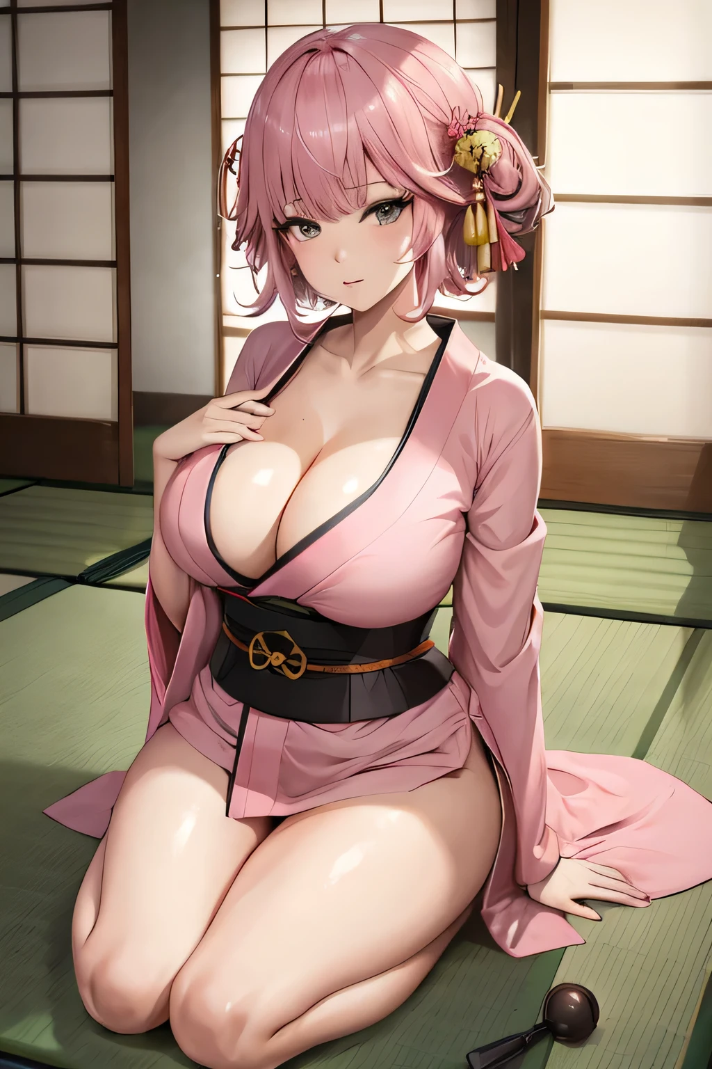 Inner strength, One Girl, Pink kimono, Big ample breasts, Cleavage, Traditional Japanese room, tatami