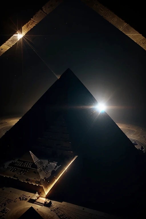 eye of horus above the pyramid of cheops in the middle of the image you see below ground a crystal where a ray of light passes from the sky through the tip of the pyramid the cross passes inside the crystal illuminating it in the center of the image and continues below ground 