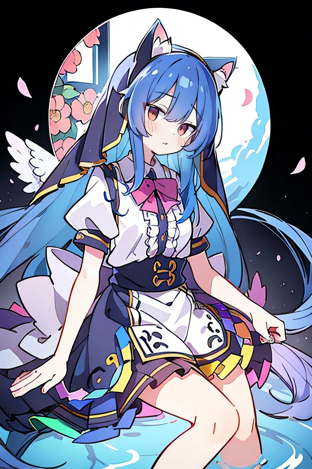 (masterpiece:1.2),Extremely detailed,Practical,expressive eyes,Fair skin,Perfect face shaping,1 Girl,
Japanese cartoons,Gorgeous blue hair, the long flowing blue hair,Floating clothes,Cat ears,Petals fall,beautiful lola,Angel,
Place your hands on your waist,sit elegantly on the ground,Cross your legs,Gentle and peaceful background,stately church,nun.