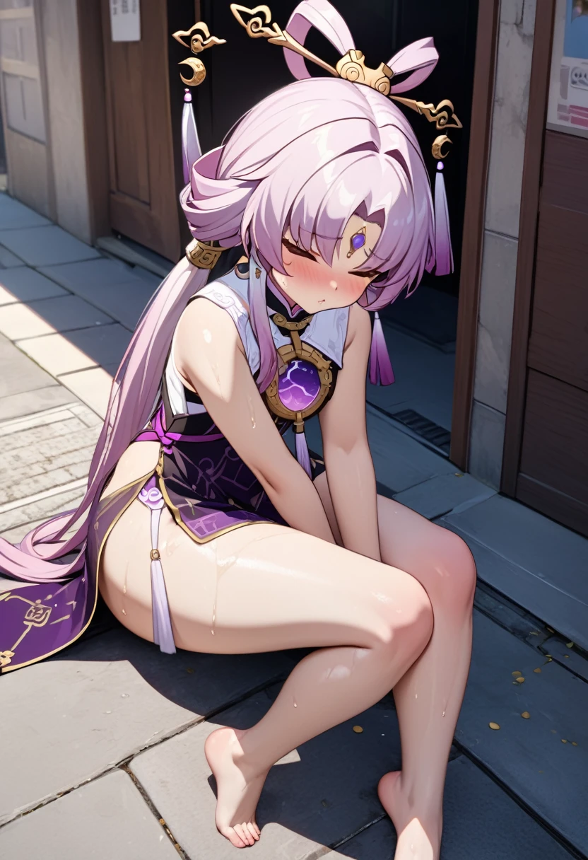 masterpiece, high resolution, ultra detailed, 8K,  fu xuan from honkai star rail, HDR, embarassed, hand between legs, want to pee, in the street, sexy sitting, leaning forward, one eye closed, sweaty, chinese costume, pouting, legs together, squishy thighs, masturbating, rubbing crotch