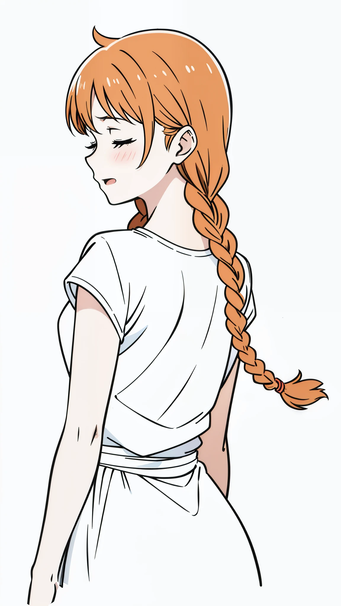 (1girl,20 years old,mature female,solo),tiger ears,long hair,(twin braids),orange hair,casual outfit,(white background,line drawing),upper body,((happy expression,blush,closed eyes)),open mouth,((from back,looking away))
