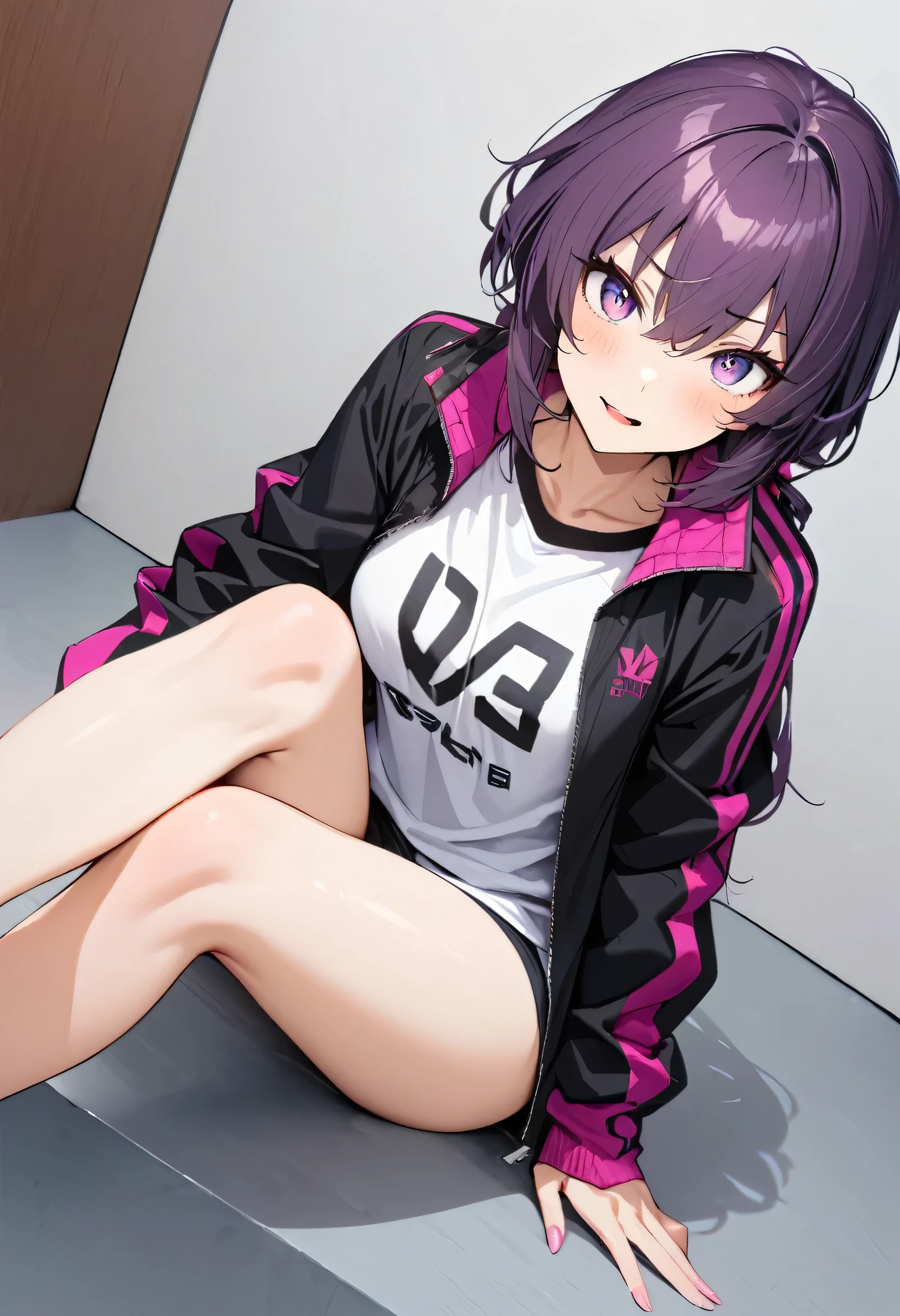 (highest quality,8k,High resolution, masterpiece:1.2), Super detailed, High resolution、One Girl、Dark purple hair color、There are some stylish pink lines in her hair.、ponytail、Hair between the eyes、Big purple eyes、Beautiful crystal eyes、older sister、Top jersey、Jacket size XL、hot pants、Beautiful feet、Thin legs、Naughty expression、Mocking look、Thin braiding