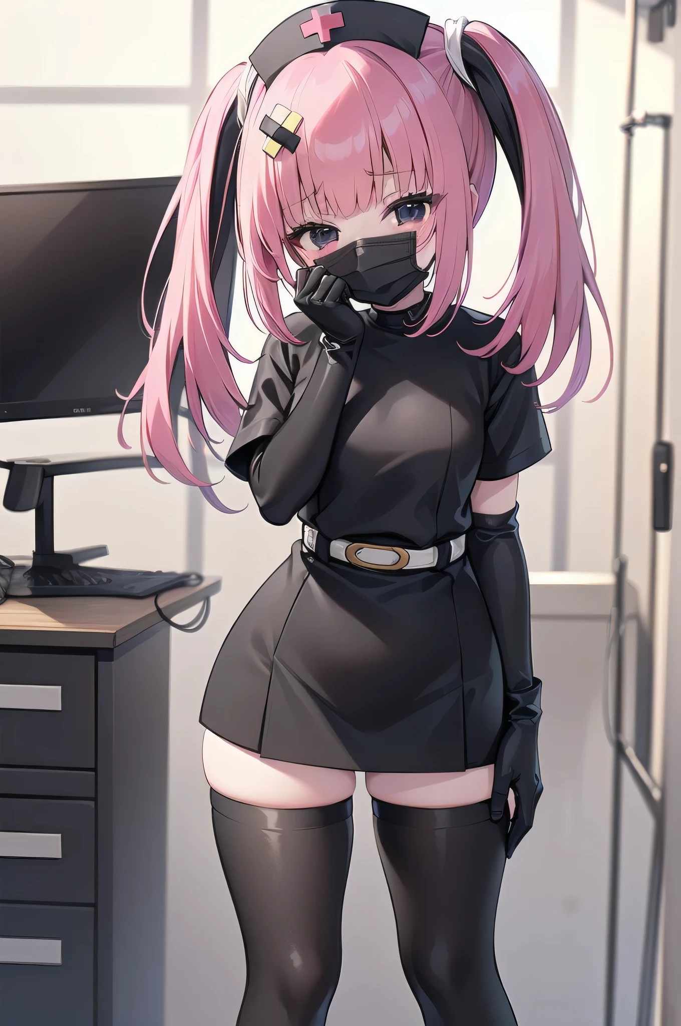 black nurse, 1girl, solo, black nurse cap, black wear, ((black legwear, zettai ryouiki)), black elbow gloves, twintails, yellow hair, purple eyes, ((black surgical mask, covered nose)), standing, ((surgery room)), sharp outline, short sleeves, best quality, masterpiece