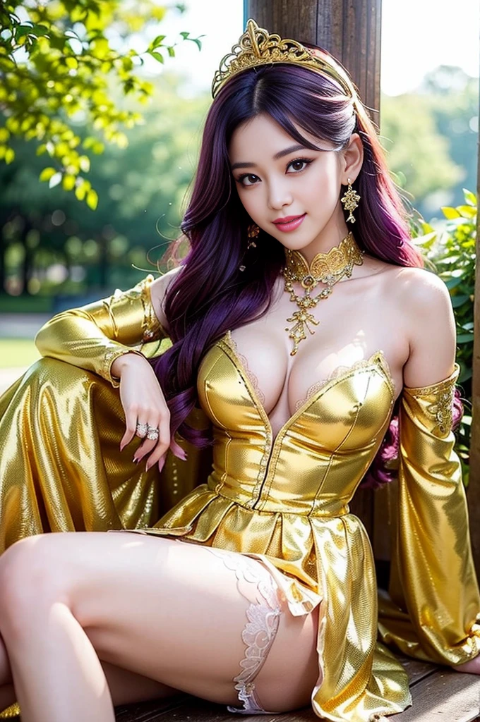 (nsfw), sexy golden Thai princess, only 1 female, ((doll-like appearance)), short neon purple stylish hair, ((shiny Victorian-Style boots)), (big smile), ultra detailed eyes, vivid golden eye makeup, lipgloss, long lashes, defined eyebrows, ((sexy golden Paradise Kiss cosplay)), bell-shaped skirt, petticoats, high neckline, puffed sleeves, ((ultra detailed golden lace)), ((ultra detailed golden embroidery)), intricate details, golden Paradise Kiss accessoires and matching golden headpiece, golden choker, ((large sparkling golden Paradise Kiss jewelry)), cinematic light, detailed large park background with trees