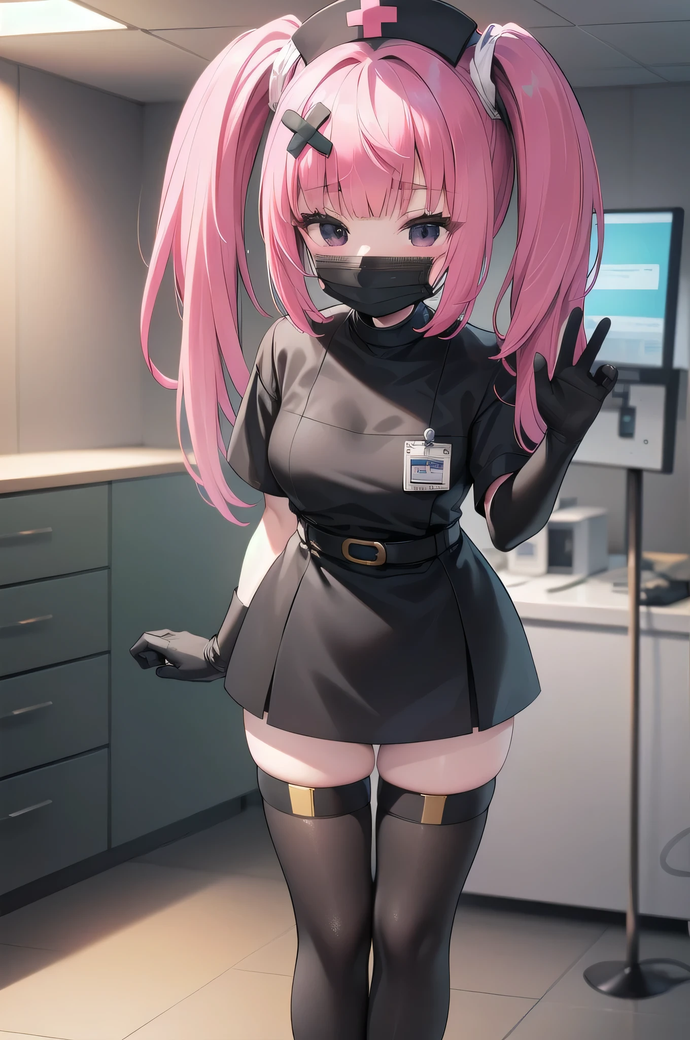 black nurse, 1girl, solo, black nurse cap, black wear, ((black legwear, zettai ryouiki)), black elbow gloves, twintails, yellow hair, purple eyes, ((black surgical mask, covered nose)), standing, ((surgery room)), sharp outline, short sleeves, best quality, masterpiece