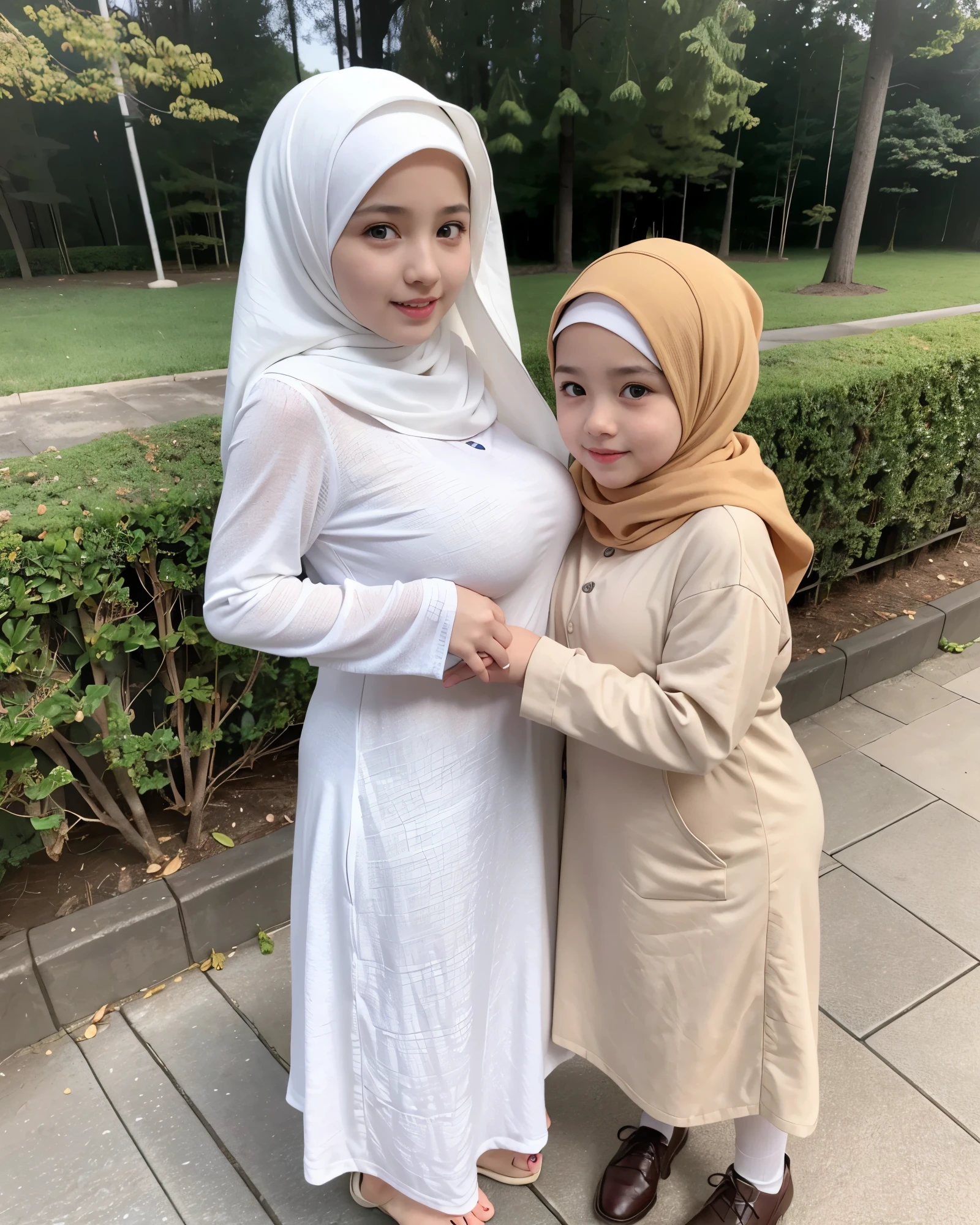 adorable, 2 girl, (face to face), 10 years old, baby face, happy, full body portrait, (face details: 1), (eye details: 1), ((big breasts)). wearing long shirt, hijab, .. Cute posed. proportional body. Ultra High Res. realistic: 1.4, UHD