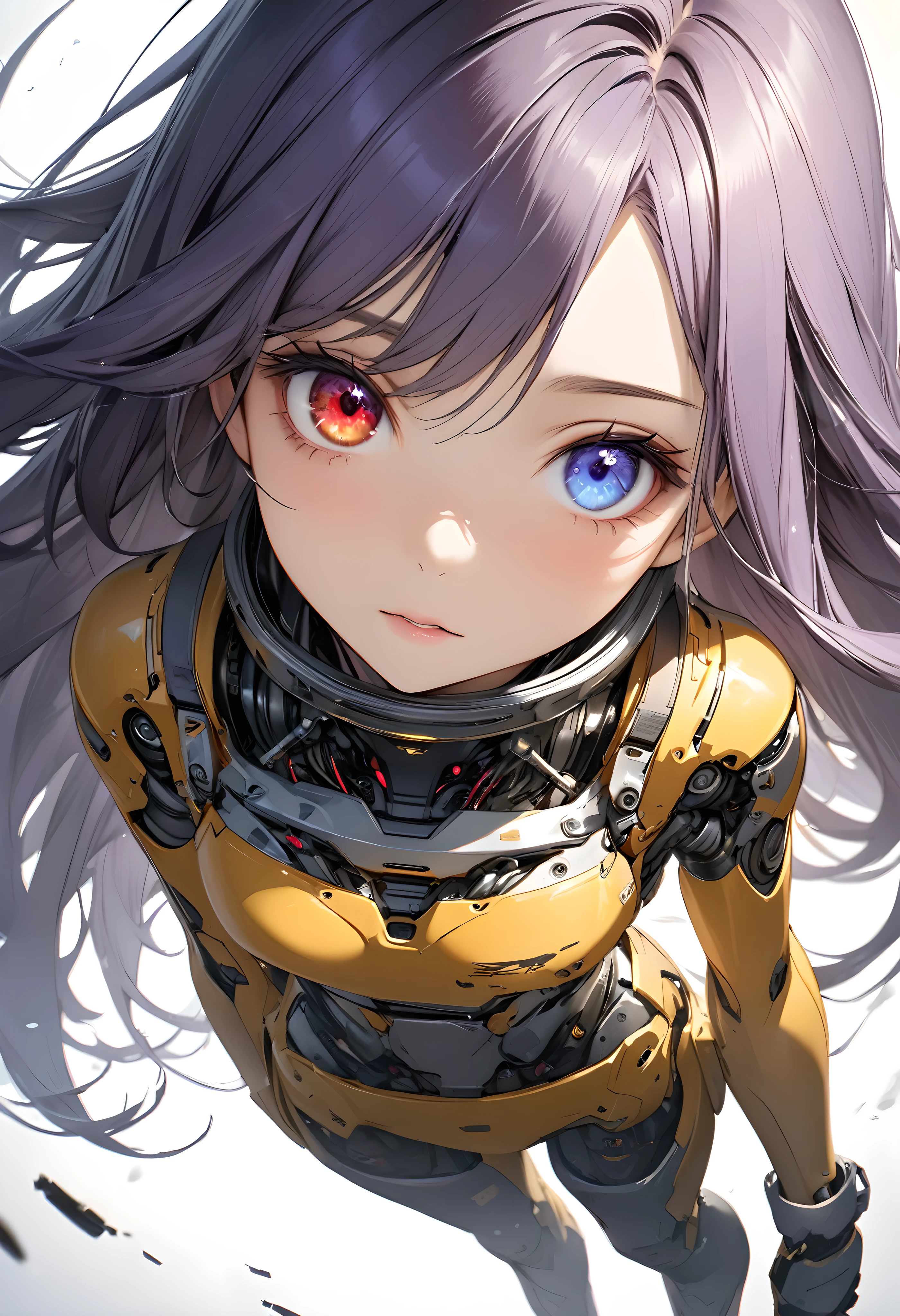 Ultra-realism, highest quality, Highest quality, Highest Resolution, 
BREAK: Precise and clear depiction, Detailed and realistic skin texture, aesthetic, 
BREAK Detailed and beautiful skin texture, Expressing an attractive softness, aesthetic, 
1. BREAK  ((Cryptic Girl, cyborg)), (Yellow body:1.2), ((Human skin and metal body)), (Skin to metal ratio 6), Red accents on the body, Indifference, kind, aesthetic, 
BREAK Human skin transplant, Detailed and beautiful skin, Metallic gloss and reflection, 
BREAK (Long Hair, White-purple gradation:1.5), (Heterochromia iridis:1.5, Red Eye, Blue Eyes,) Fix left eye red, Fix right eye to blue, 
BREAK Strong and fleeting eyes, Crystal-clear, Reflection of light like glass, Crystal-like gloss, aesthetic, 
2. BREAK Detailed, Reflection of light, Gloss, 
BREAK Mysterious Light, Surprise and impress all your viewers, 
3. BREAK Ultra-realism,Delicate depiction, Highest quality, Highest Resolution, 
BREAK Perfect and dynamic composition, Shoot from the most attractive perspective, 
BREAK Emphasizing the presence of the subject, Cinematic Lighting Effects, 
BREAK [Blacklight], 
BREAK (Combat Ready:1.3), 
BREAK (Wide-angle full-body shot:1.8), (Photograph the ankle), Photograph faces, 