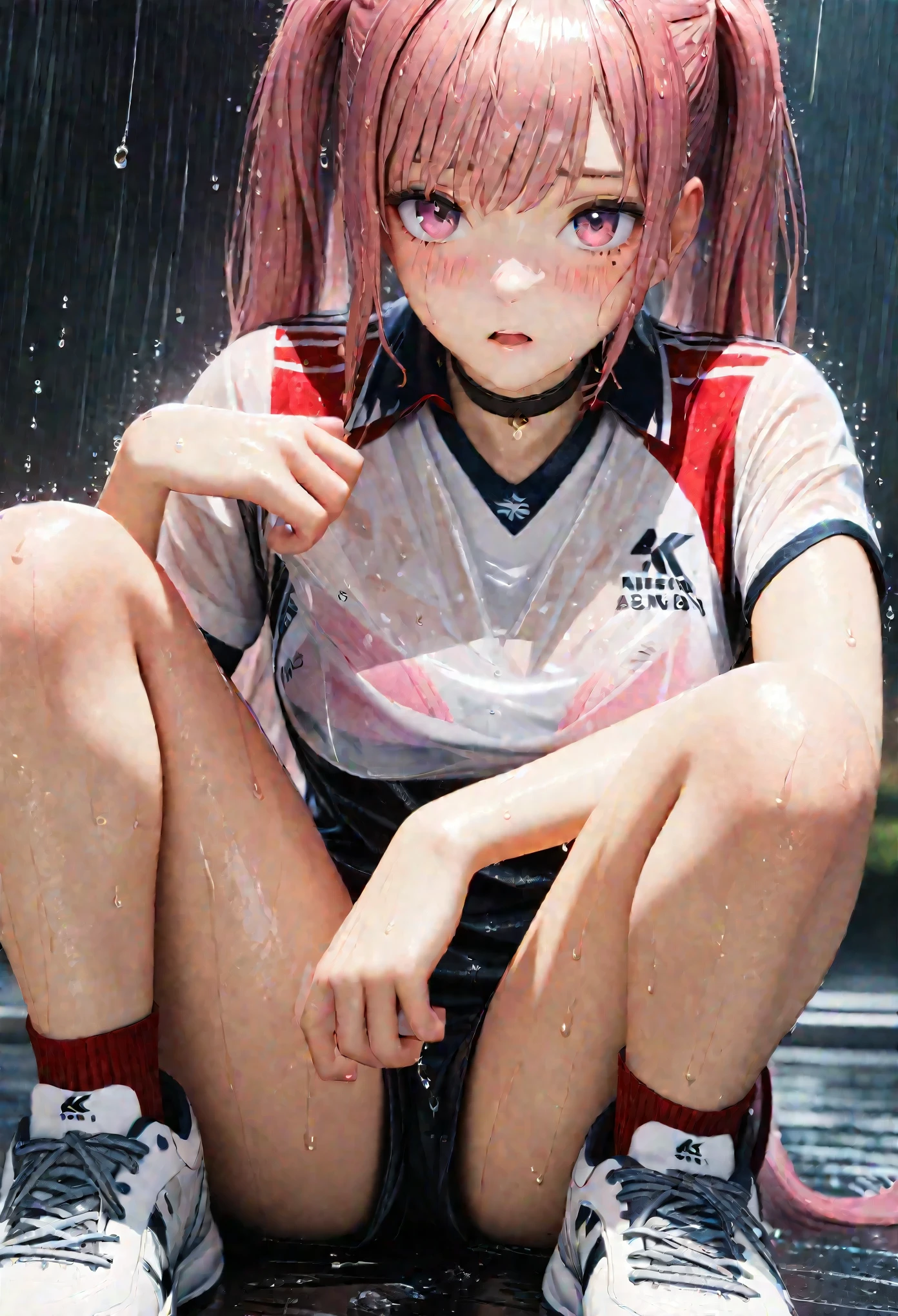 masterpiece, best quality, highly detailed, high resolution, expensive resolution, high resolution, 4k, 8k, Unity 8k wallpaper, highly detailed CG, masterpiece, 2d, 3d, beautiful details, depth, fine texture, best quality: 1.3, perfect focus, transparent skin, him, rain, wet, wet clothes: 1.2 very cute anime girl, (bra visible through volleyball uniform and knee supporter,wet from pouring rain, knee supporter, volleyball shoes), big breasts, expensive twin-tail hair, alone girl, rain, (raindrops dripping from wet hair, bra visible through thin volleyball uniform wet from rain, knee support, volleyball shoes, whole body), mole under eye, looking at viewer, expensive, blush, mole, open lips, heart, pink eyes, choker, white transparent bra