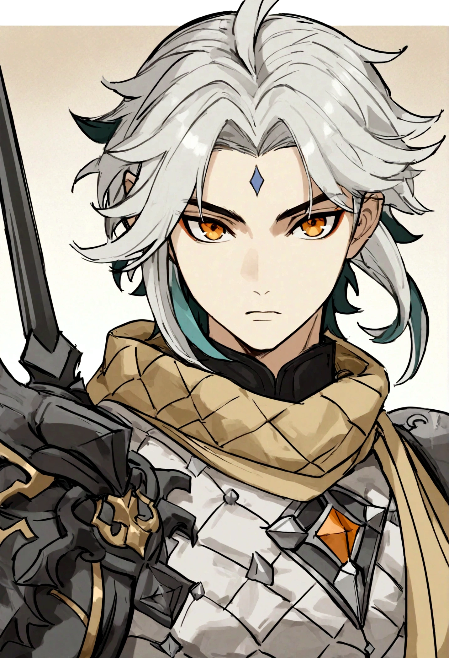 Male, dark grey armor, white gambeson, yellow scarf, orange eyes, silver hair, Xiao Hairstyle, male, holding spear, handsome, genshin style, portrait, style, Xiao style, xiao hair, light armor, waist up view, Brigandine, weathered armor