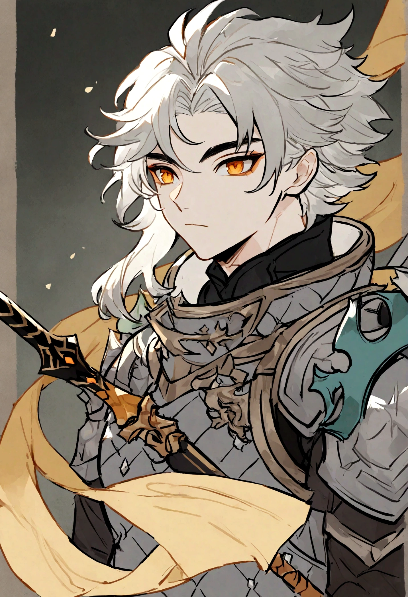 Male, dark grey armor, white gambeson, yellow scarf, orange eyes, silver hair, Xiao Hairstyle, male, holding spear, handsome, genshin style, portrait, style, Xiao style, xiao hair, light armor, waist up view, Brigandine, weathered armor