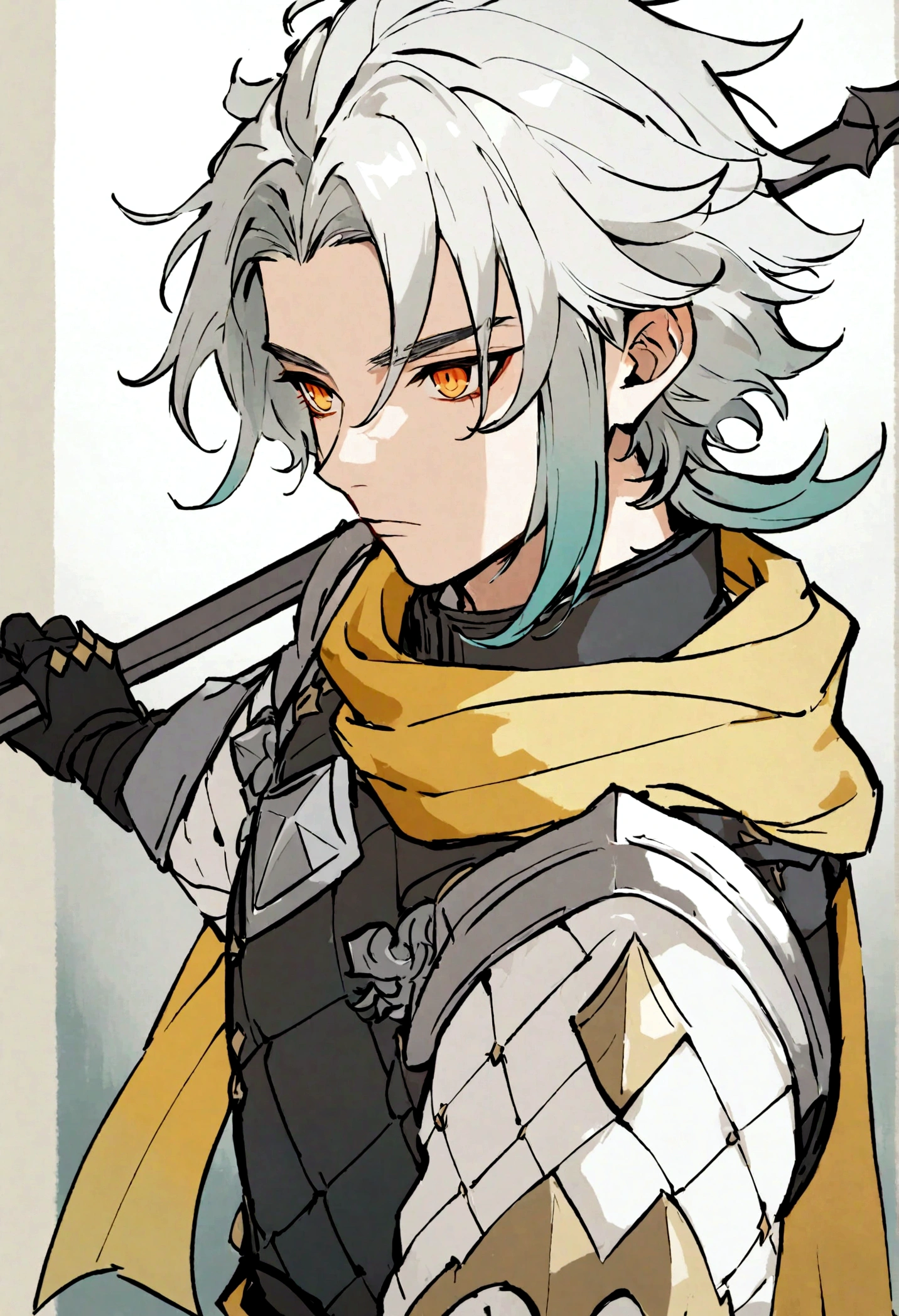 Male, dark grey armor, white gambeson, yellow scarf, orange eyes, silver hair, Xiao Hairstyle, male, holding spear, handsome, genshin style, portrait, style, Xiao style, xiao hair, light armor, waist up view, Brigandine, weathered armor