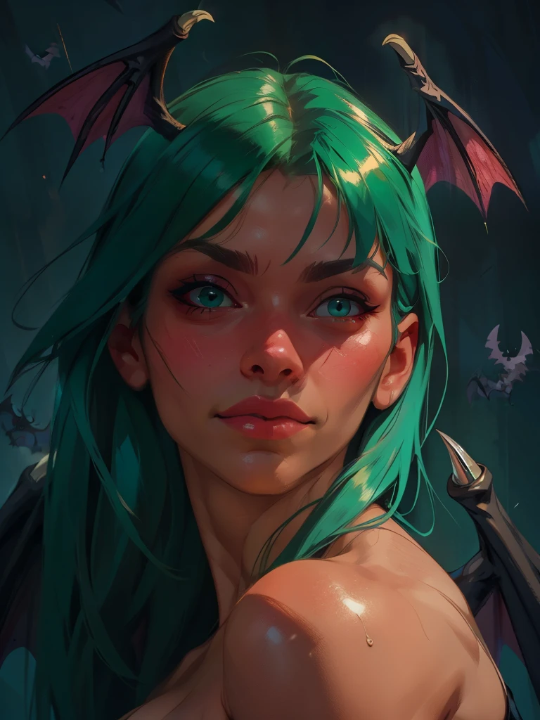 Realistic oil paint portrait of Morrigan Aensland, hot Body, Dynamic sensual pose, soft smile, long green hair, (((Bat wings))) , detailed skin Textures, intricate, detailed face, hyperrealistic, realistic light and shadows , ((cinematic lighting)) . Abstract paint background. Poetic, dramatic. 