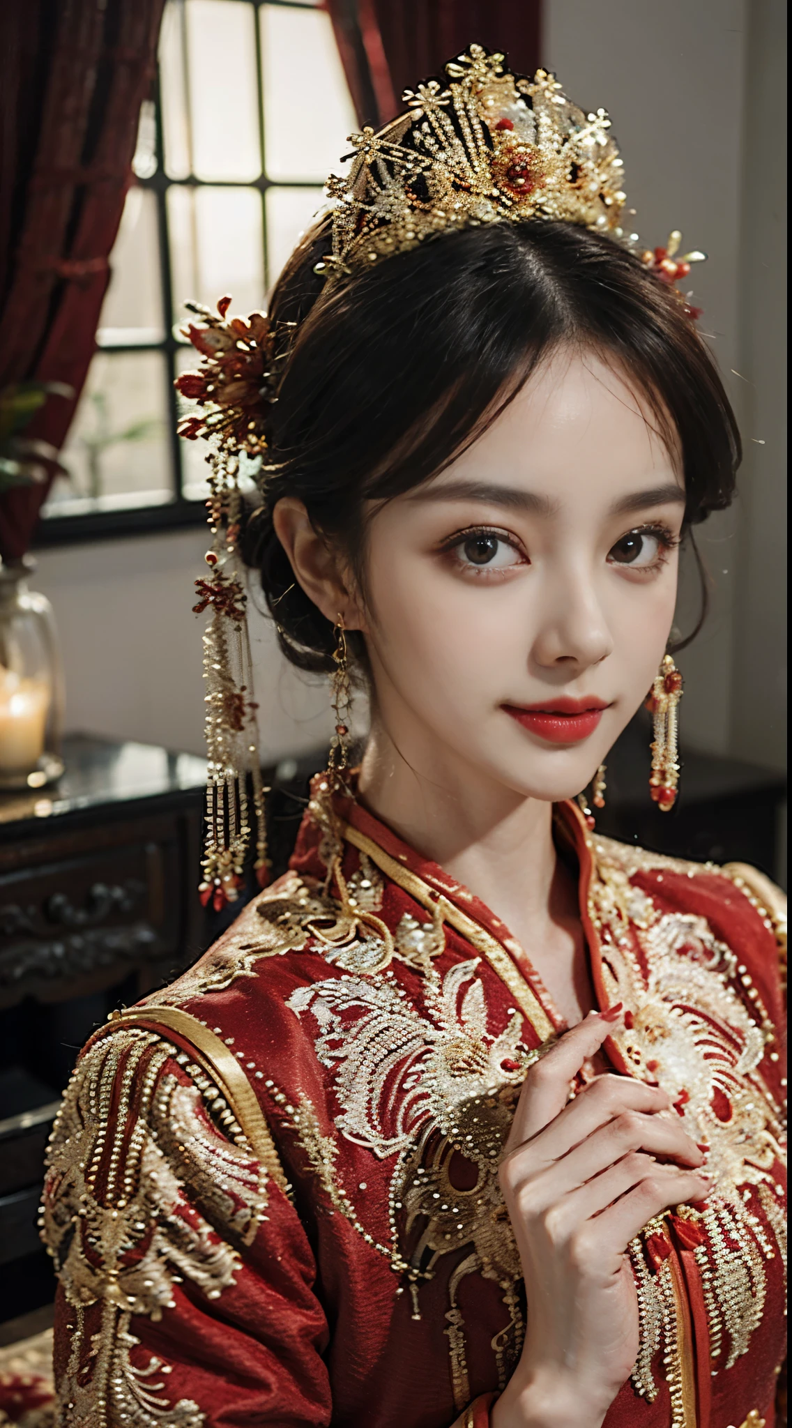 (Hyper-realistic 8K CG:1.2),perfect work of art,Exquisite pattern,Intricate details,(An unrivalled masterpiece,Best quality:1.2),(Extremely complex:1.2),woman in red and gold dress,Phoenix Coronet,Hairpin,(Sit on a red bed),cosmetic,blush,Very shy,Black_hair,look down,cosmetic,(Forehead Point),(2 red candles),Chinese_clothing,curtain,ear nipple ring,hair_decorate,Hanfu,inside the room, Jewel-like,Red nails,long_sleeve,Red Dress,Red lips,Nipple tassels,(Red quilt),(red palace:1.2),(Chinese Ancient Architecture),(rot:1.8),night,Perfect hands