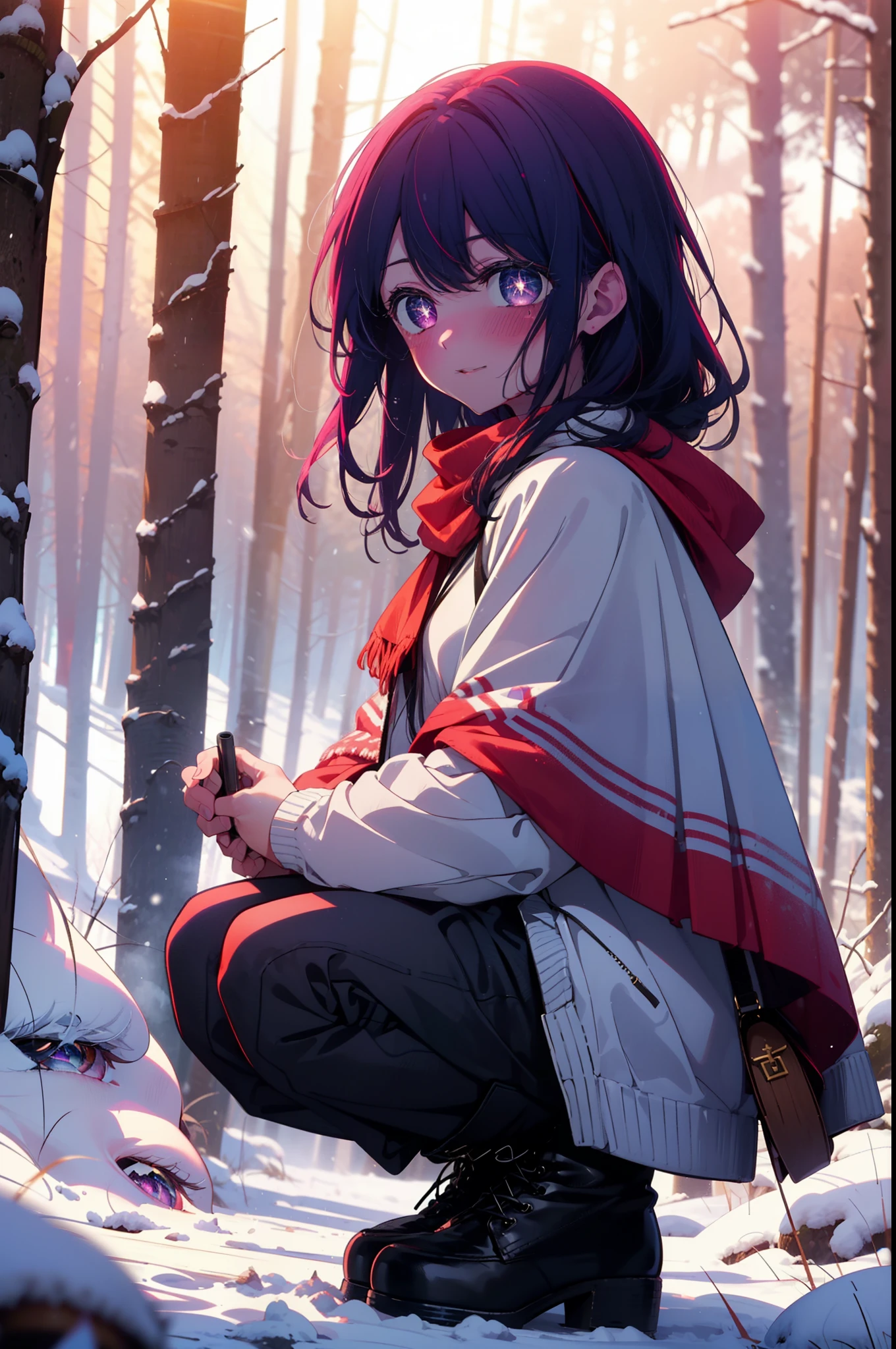 aihoshino, Ai Hoshino, Long Hair, bangs, (Purple eyes:1.1), Purple Hair, (Symbol-shaped pupil:1.5), smile,,smile,blush,White Breath,
Open your mouth,snow,Ground bonfire, Outdoor, boots, snowing, From the side, wood, suitcase, Cape, Blurred, , forest, White handbag, nature,  Squat, Mouth closed, Cape, winter, Written boundary depth, Black shoes, red Cape break looking at viewer, Upper Body, whole body, break Outdoor, forest, nature, break (masterpiece:1.2), highest quality, High resolution, unity 8k wallpaper, (shape:0.8), (Beautiful and beautiful eyes:1.6), Highly detailed face, Perfect lighting, Highly detailed CG, (Perfect hands, Perfect Anatomy),