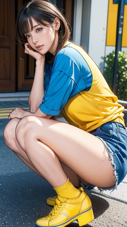 Photo shoot by a professional photographer, masterpiece, anatomically correct, high details, super detail, highres, 16k、A man in his fifties wearing yellow shoes and a blue shirt, Bend your body, Slightly stooped, Shorts, Dirty UHD Hidden Photos, Shortsをはいたセクシーな女の子, Very short pants, 露出度の高いShorts, On the sidewalk, cute panties, Touching her clothes, panties, Short shorts, Butt, West Shot, Juicy legs, Daisy Dukes, Taking pictures secretly
