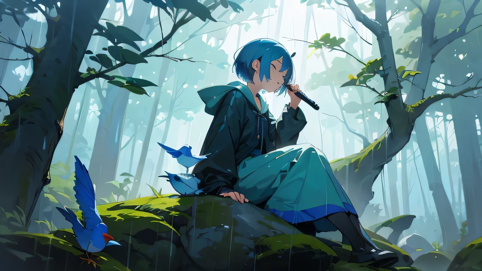 In a rainy forest, a girl with short blue hair sits on a rock, closes her eyes and faces the sky. Small colorful birds gather around her