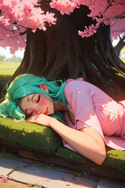 A light green haired woman with pink eyes and an hourglass figure in a pink lolita dress is  smiling while blushing while sleeping underneath a tree