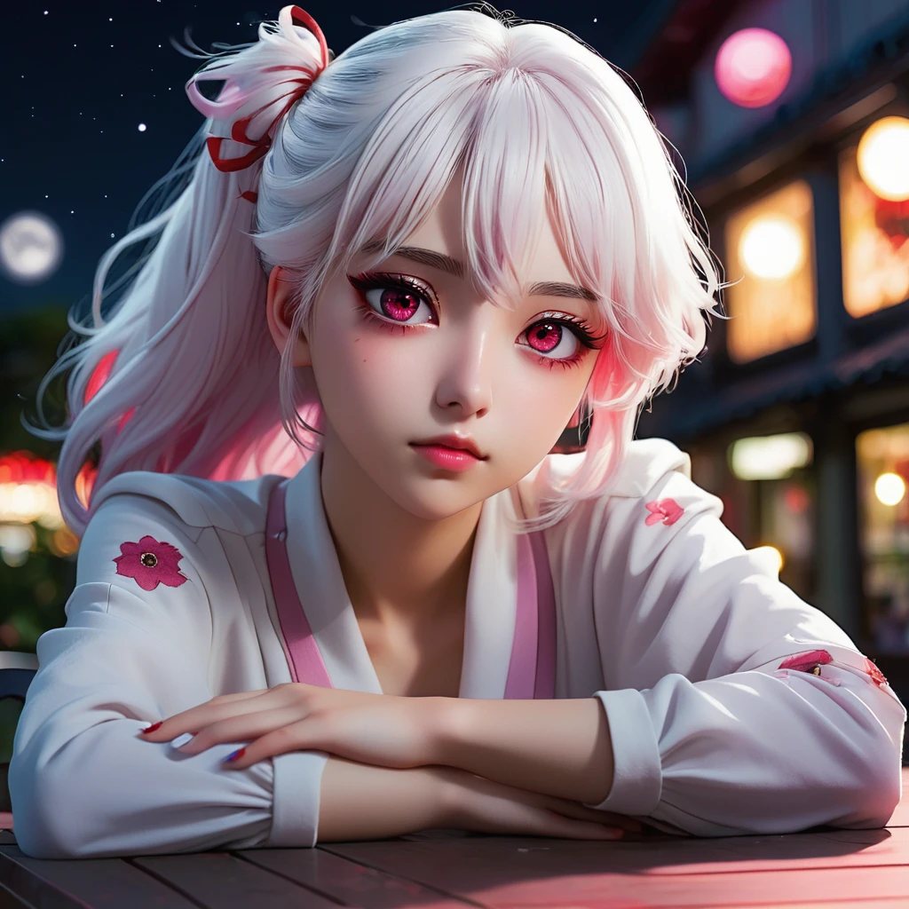 Be a girl with a pink complexion, beautiful eyes (red eyes) and deep as the night sky, half sad face lying on the table, white hair, looking at you, with an anime/semi-realistic style of art
