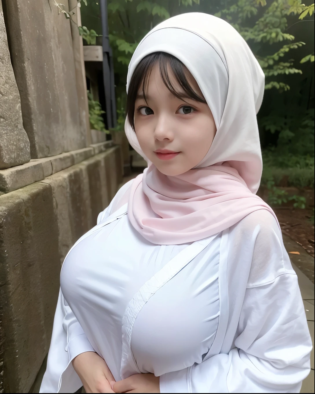 adorable, 2 girl, (face to face), , baby face, hl body portrait, (face details: 1), (eye details: 1), ((big breasts)). wearing long shirt, hijab, .. Cute posed. proportional body. Ultra High Res. realistic: 1.4, UHD