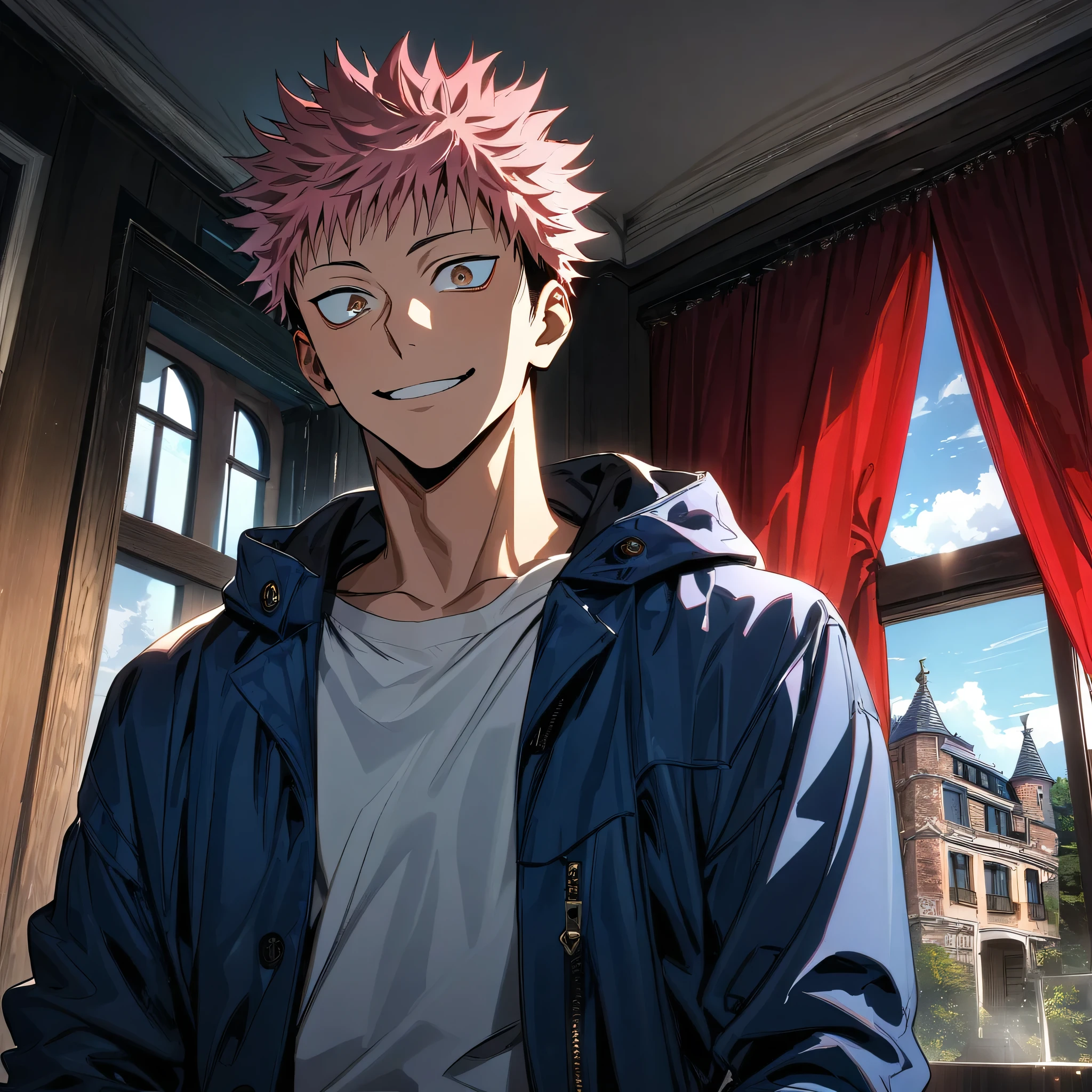 Ultra detailed, Highres, absurdres, HDR, Itadori Yuji, pink hair, brown eyes, blue jacket, white t-shirt, Jujutsu Kaisen, smiling, handsome, mansion, 1 man only, window, red curtains,