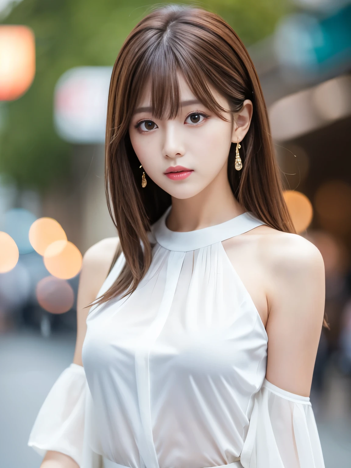 Ultra High Definition, Superior Quality, Premier Quality, ultra detailed, Photorealistic, 8k, RAW Photos, highest quality, masterpiece, Attractive girl, Stunning girl, Brown Hair, Shoulder Length Layered, asymmetrical bangs, K-pop Idol, Sophisticated, Stylish, white blouse,Shibuya, 