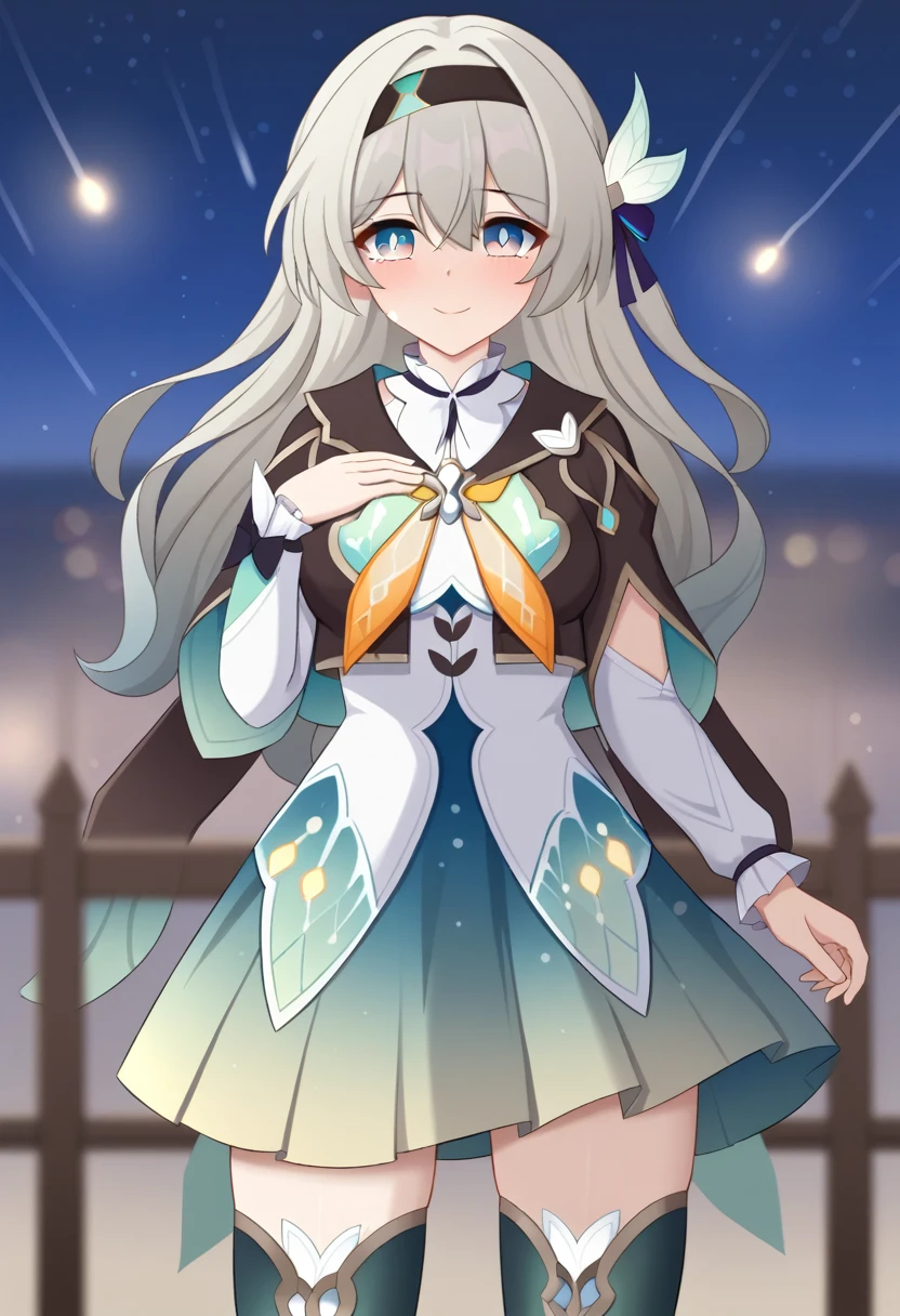 1girl, firefly \(honkai: star rail\), solo, black thighhighs, hairband, gradient skirt, hair ornament, blouse, frilled collar, cropped jacket, yellow neckerchief, cowboy shot, standing, floating hair, depth of field, hand on own chest, crying with eyes open, light smile, bokeh, fireflies, night , masterpiece, best quality, high quality, highres, ultra-detailed,