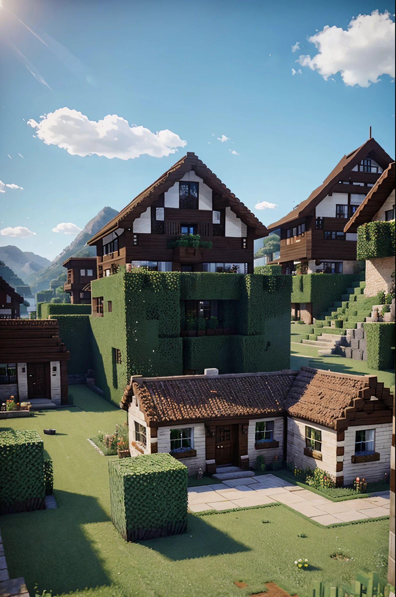 minecraft village landscape on a sunny day with realistic textures