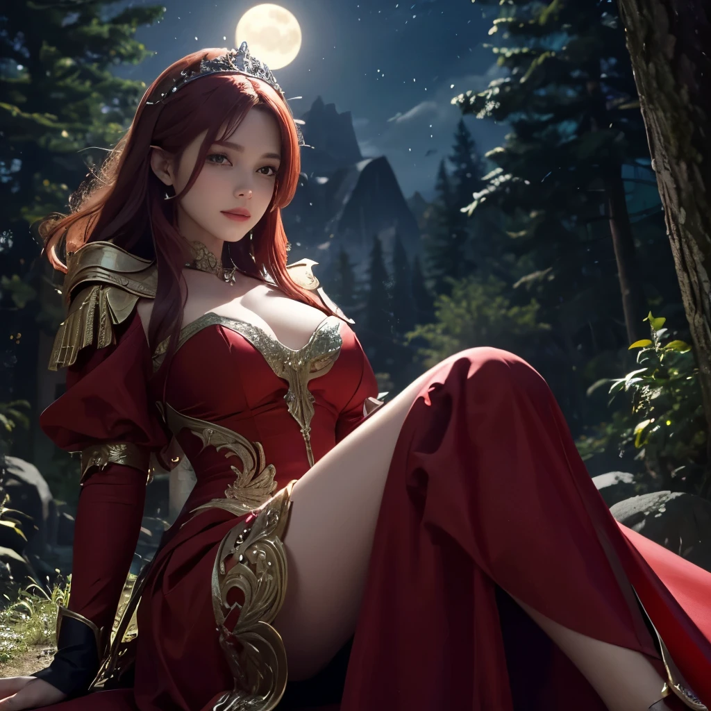 Girl, scarlet red and gold dress, topless, scarlet red hair, tiara, glove, chokes, scarlet red long sleeves, scarlet red veils, ear wear, detailed hand, oval face, detailed face, smile, picture form top to knee, sexy pose, large breasts, look at camera, camera from below, detailed, night, moon, dim lighting, forest background, photorealistic, best quality