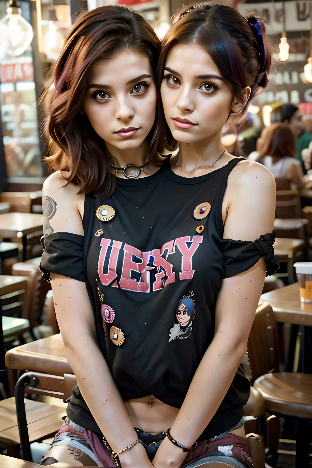 2heads, female couple, age 28, two heads on one body, conjoined, one torso, hipsters, multicolored hair, punk fashion, in coffee shop