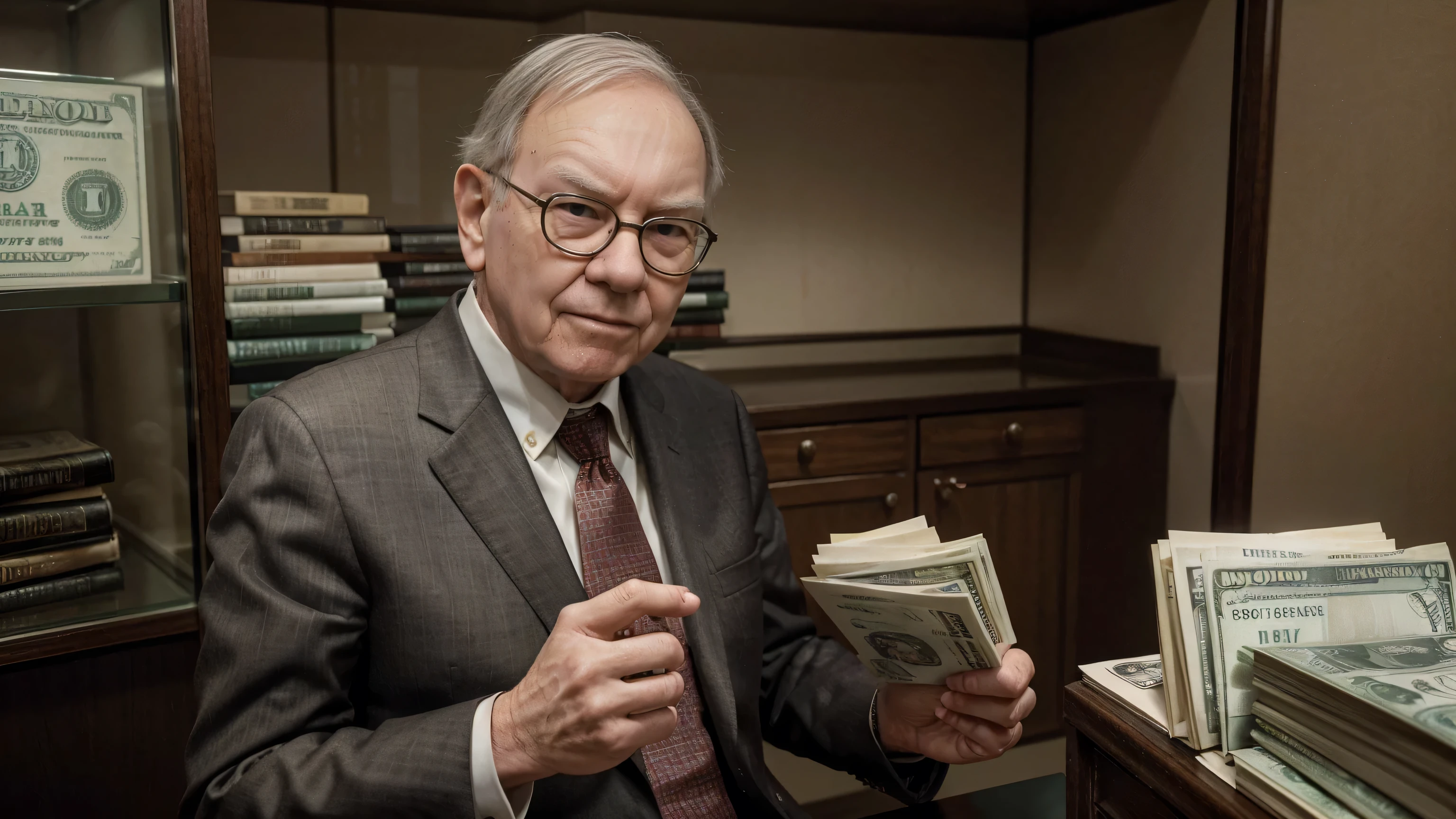 Warren Buffett, A detailed and realistic image of a stranger in a suit, Surrounded by a flurry of dollar bills, ultra realistic image, hyper detailed realistic skin,Search for a 《Financial Formula》 A book as the center.